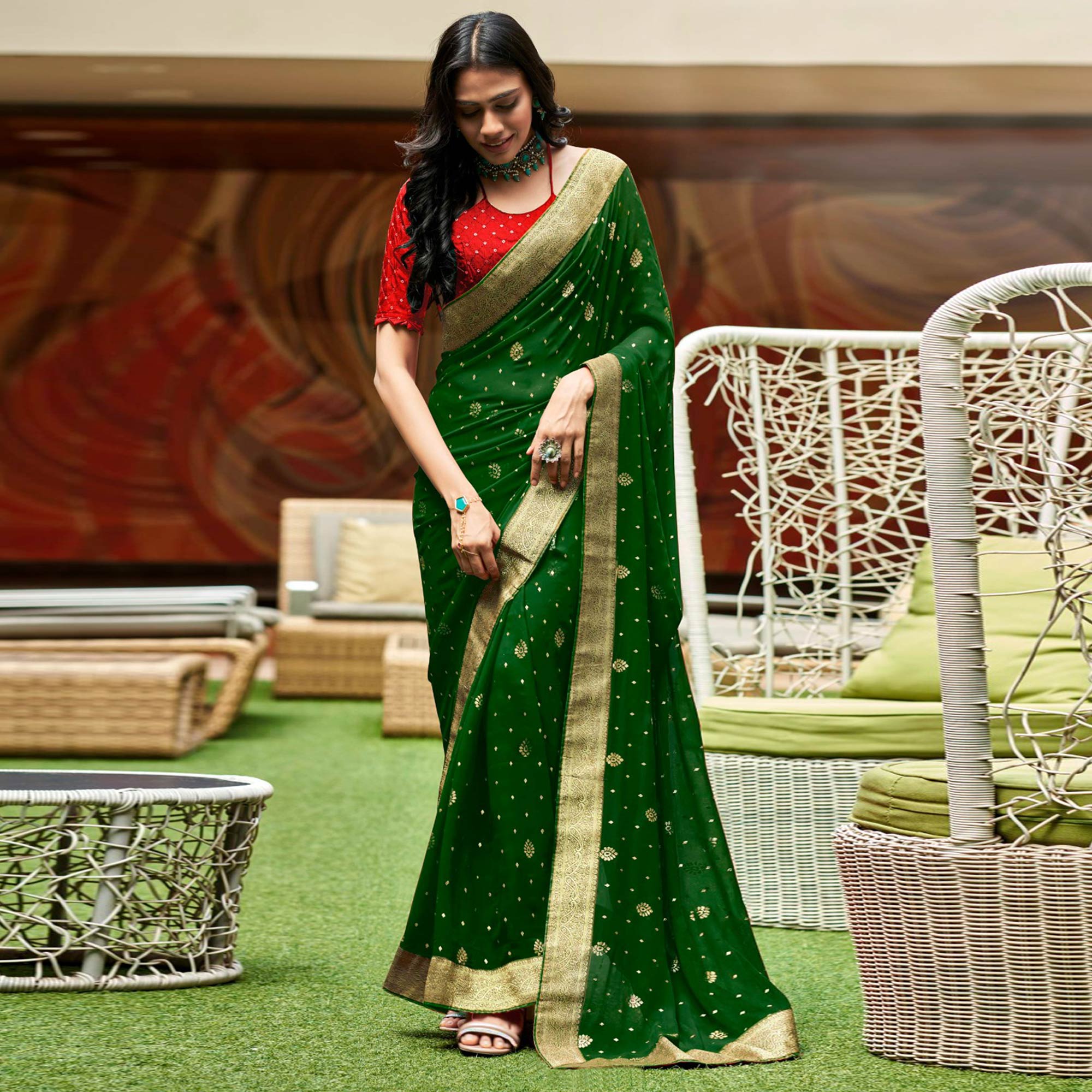 Green Foil Printed With Woven Border Georgette Saree