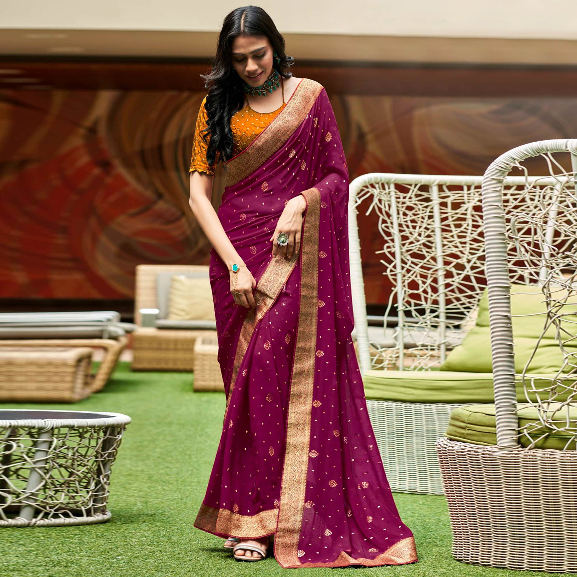 Purple Foil Printed With Woven Border Georgette Saree