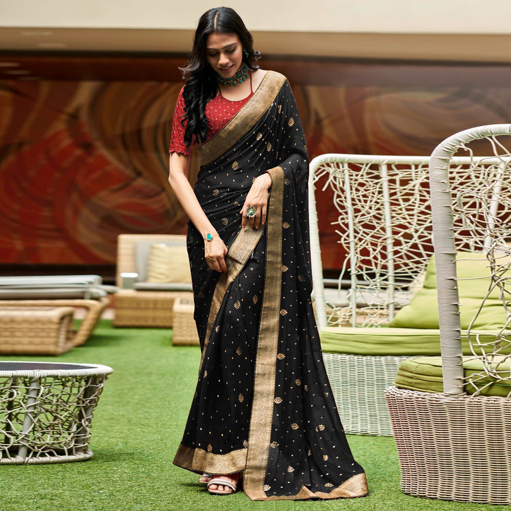 Black Foil Printed With Woven Border Georgette Saree