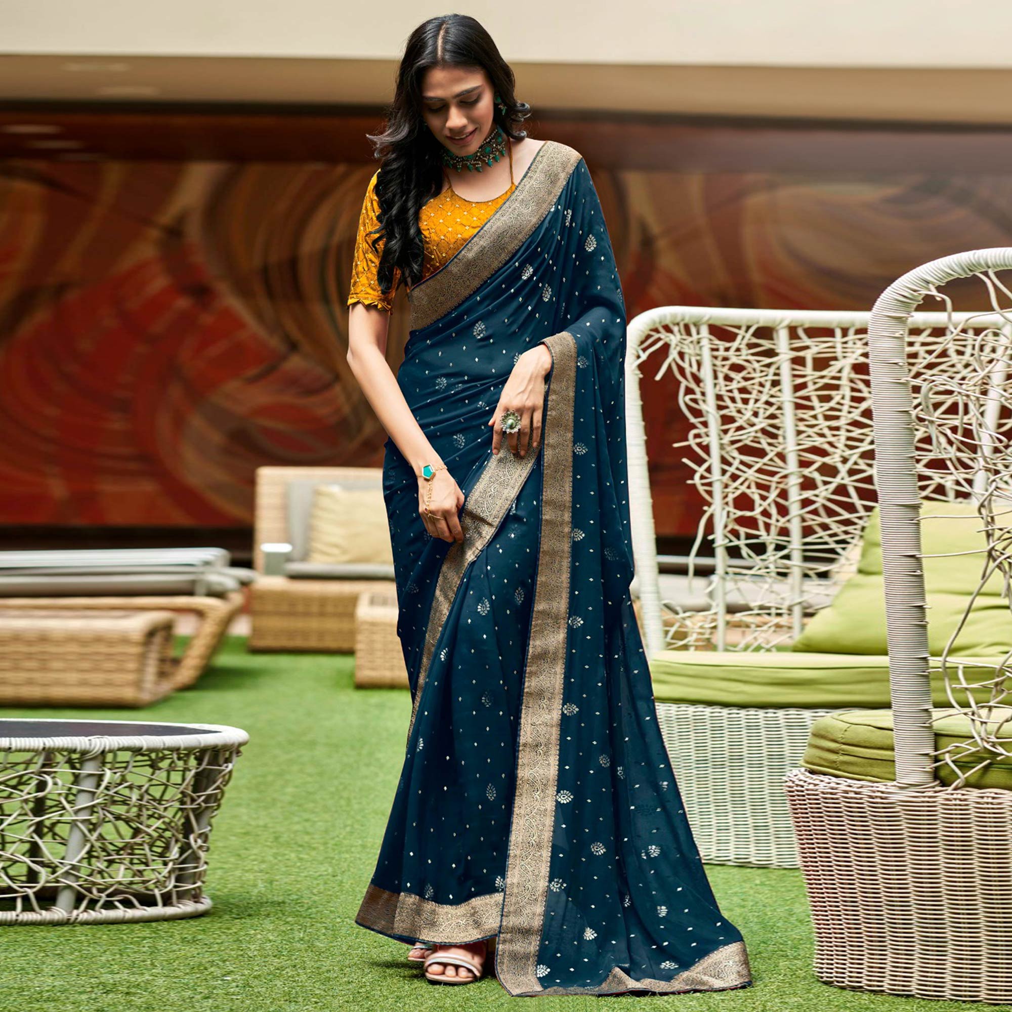 Morpich Foil Printed With Woven Border Georgette Saree