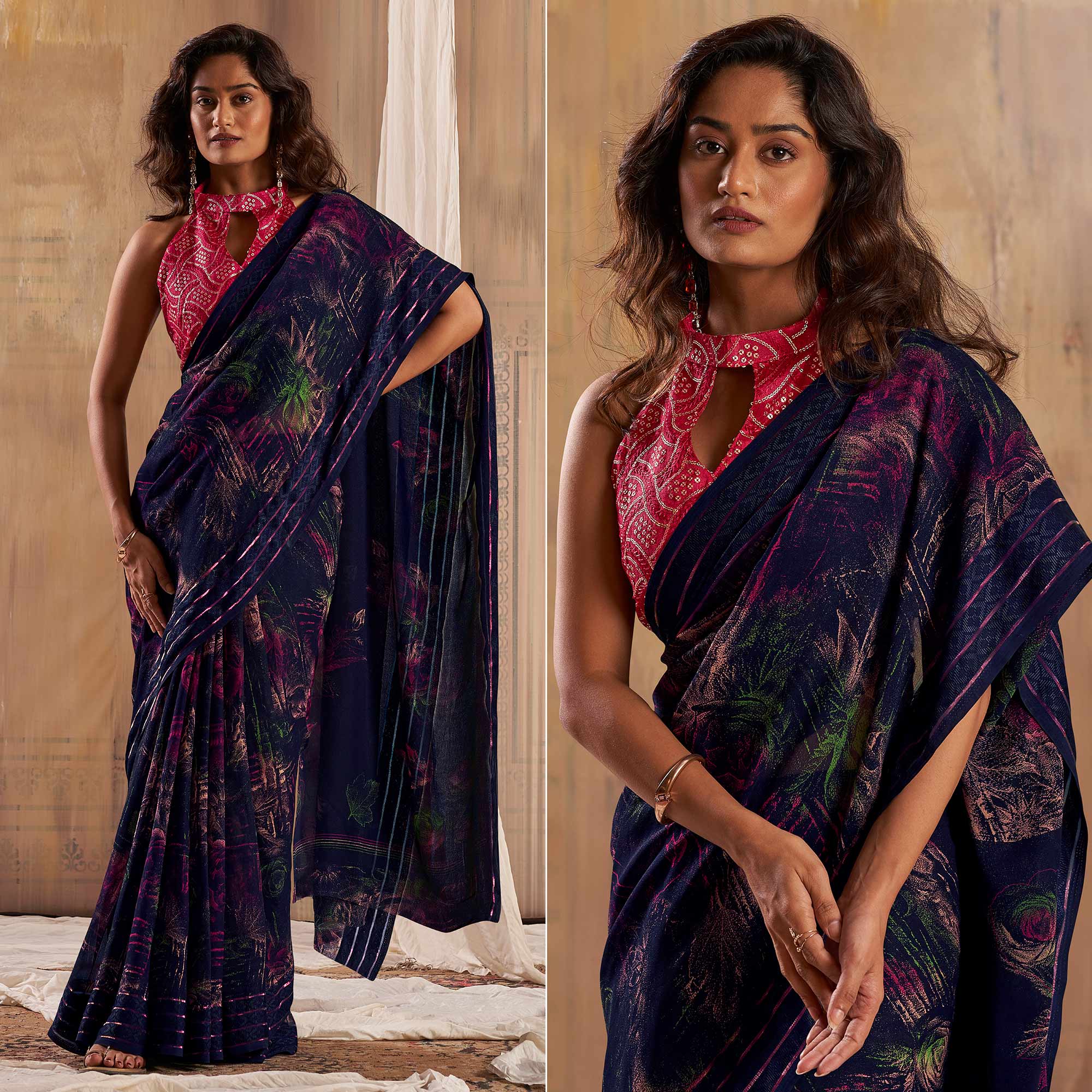 Navy Blue Floral Printed Georgette Saree