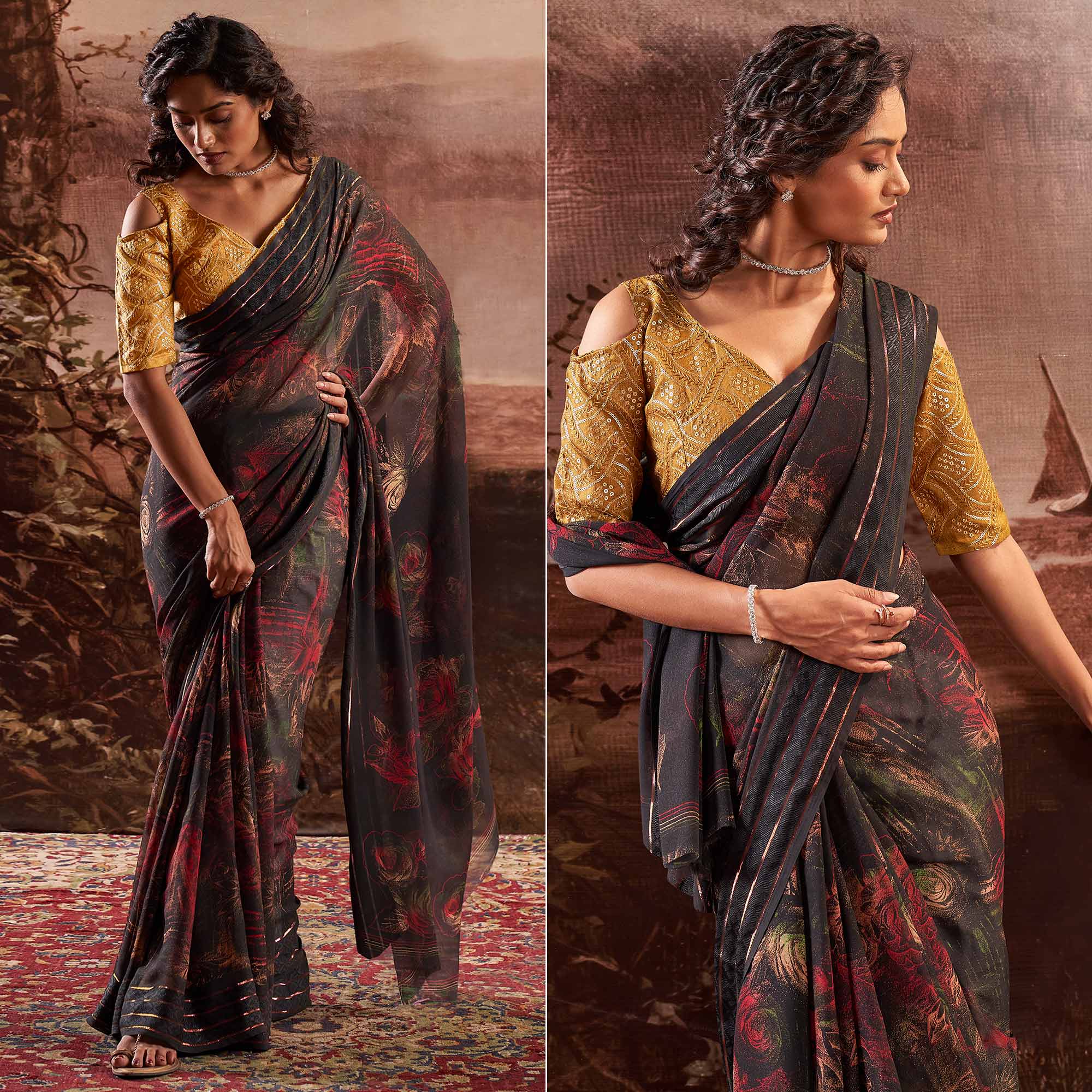 Grey Floral Printed Georgette Saree