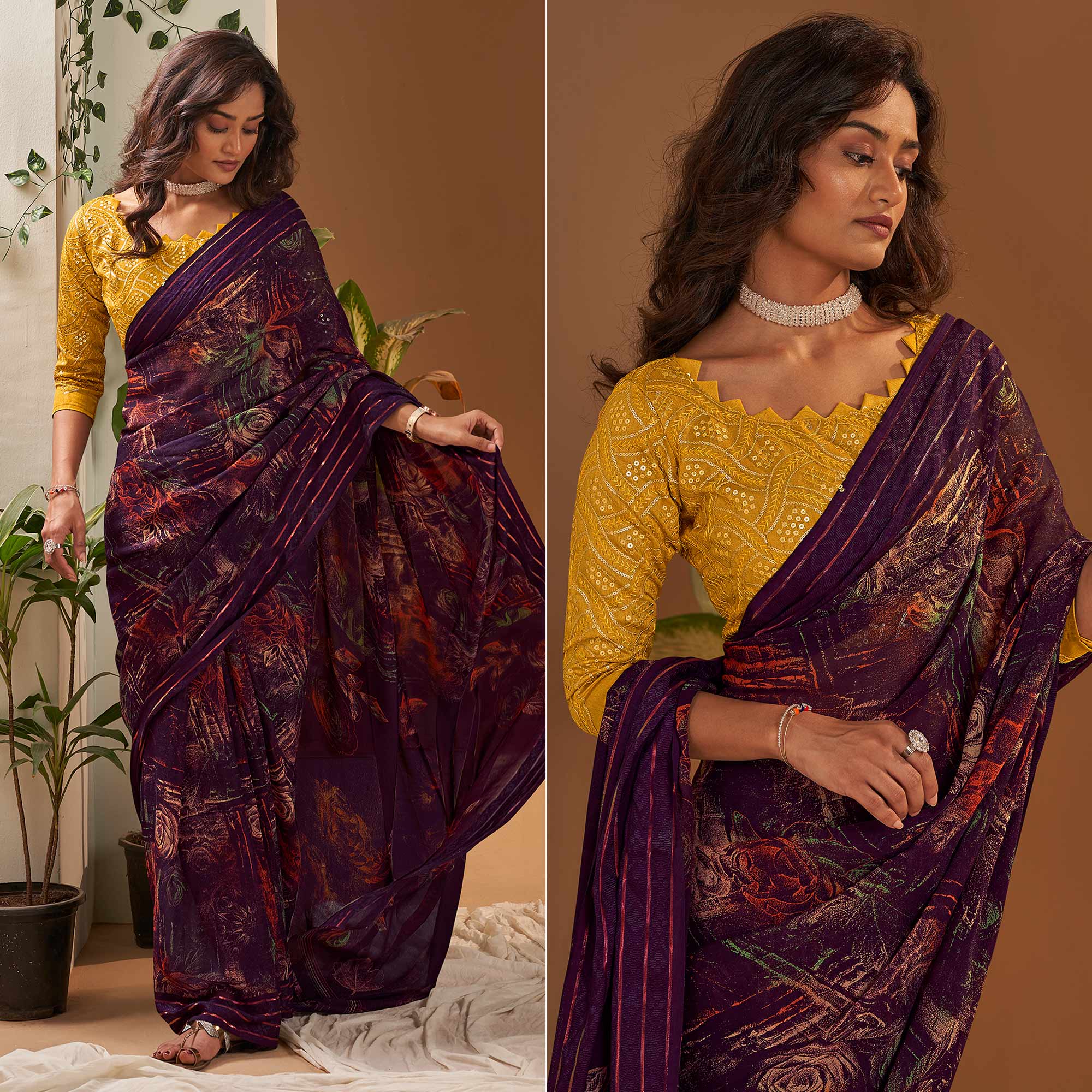 Purple Floral Printed Georgette Saree