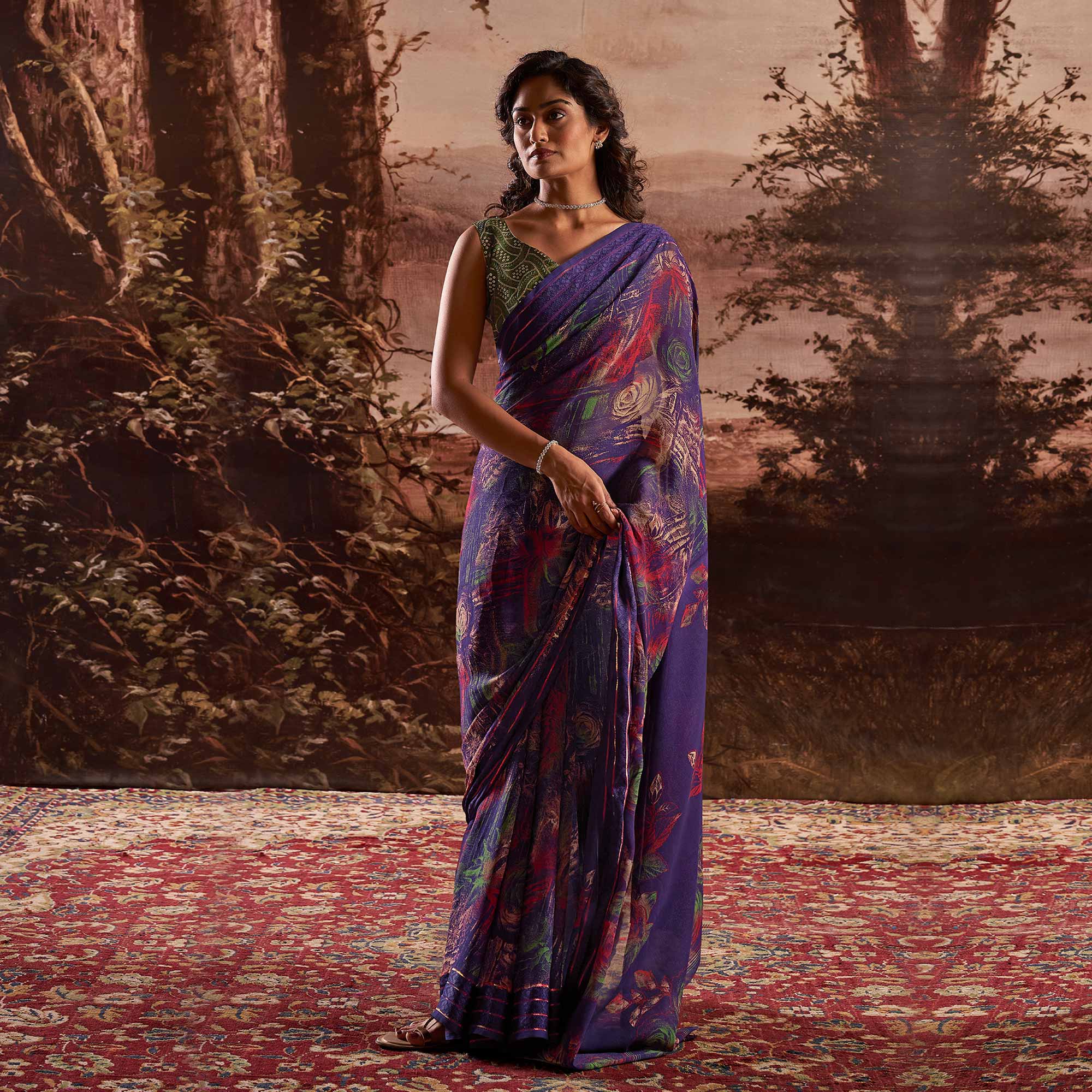 Lovely Violet Georgette Silk Embroidered Wedding Party Wear Saree main image 1