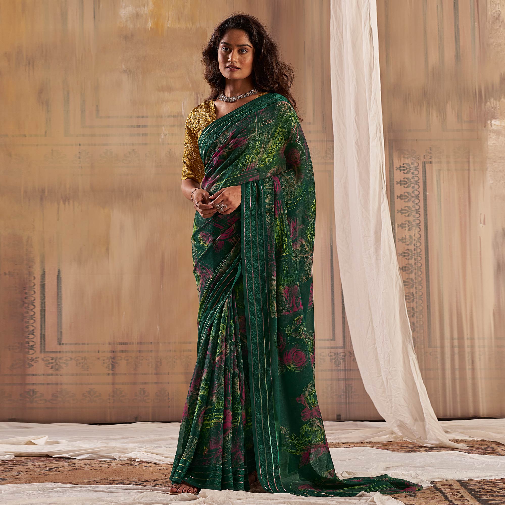 Bottle Green Floral Printed Georgette Saree