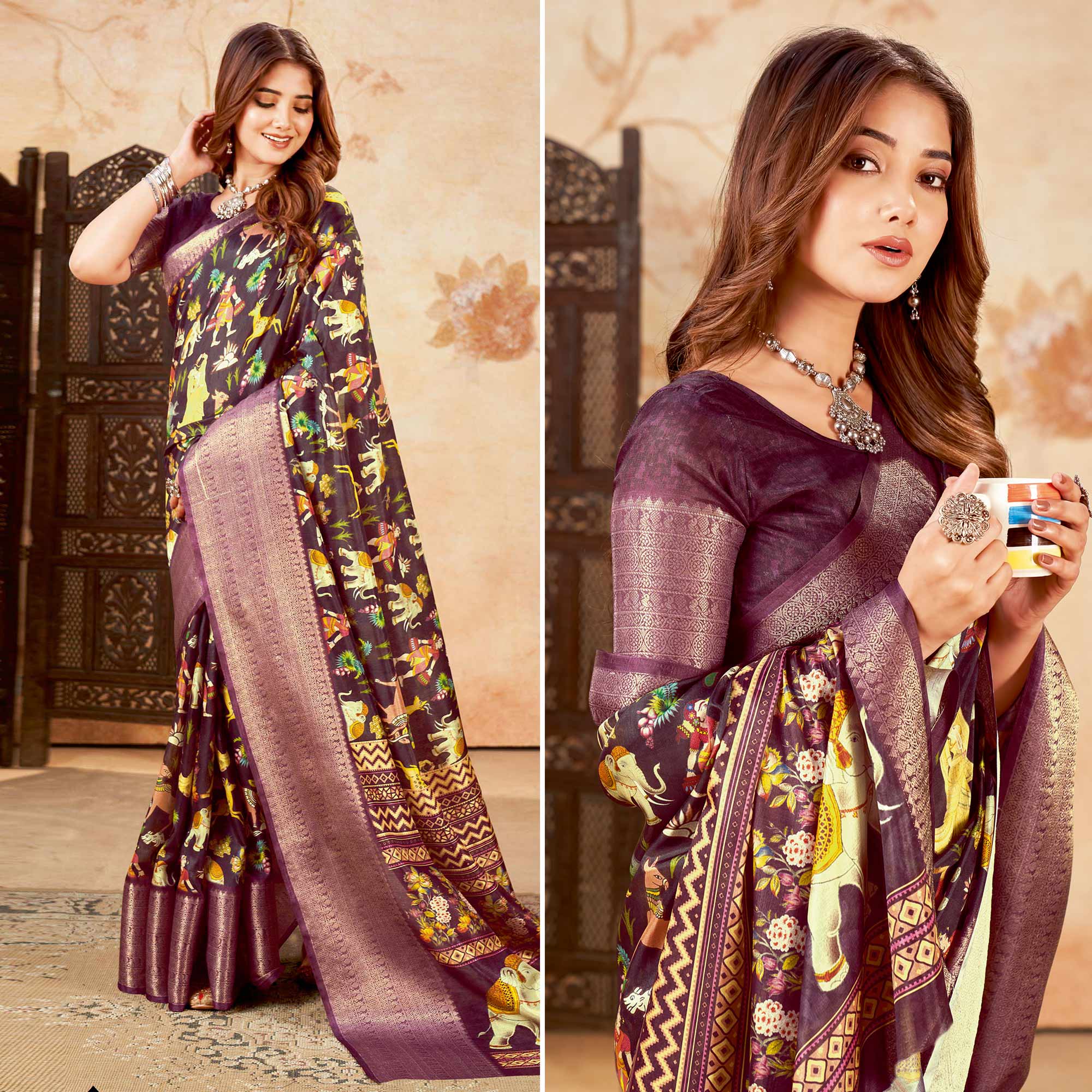 Wine Printed Cotton Silk Saree With Jacquard Border