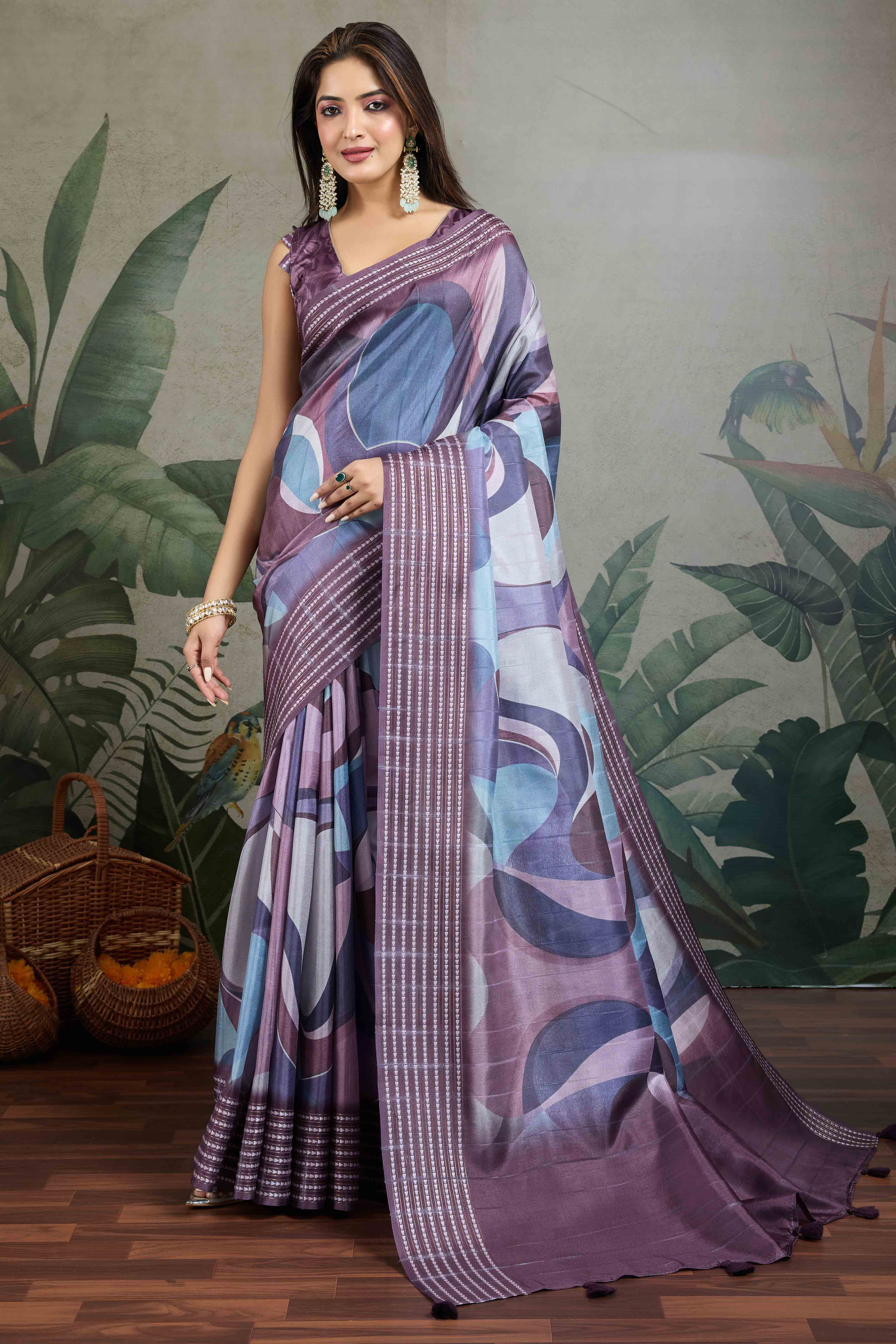 Wine Silk Blend Saree with Geometric Print