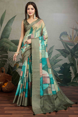 Green Silk Blend Saree with Geometric Print