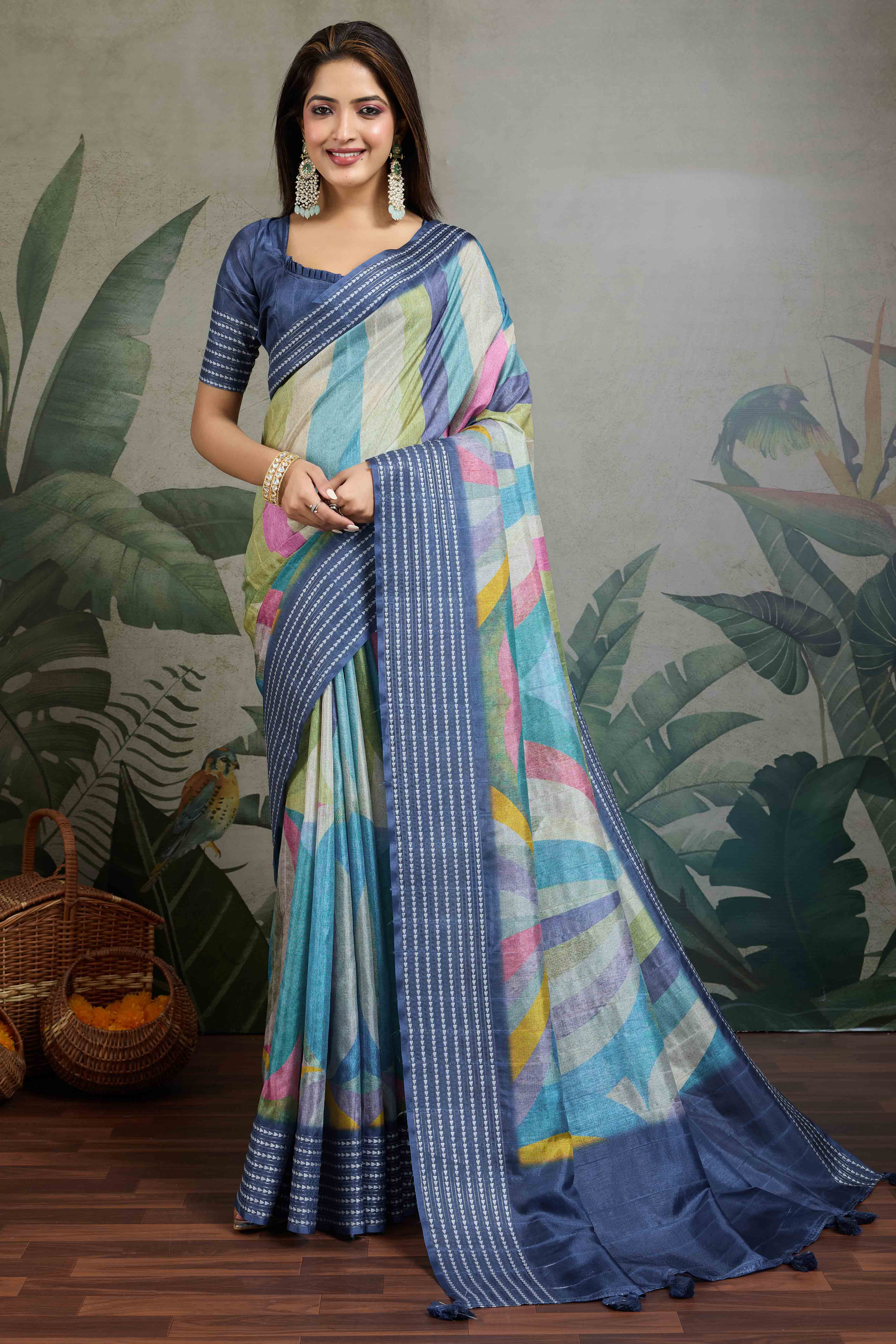 Blue Silk Blend Saree with Geometric Print