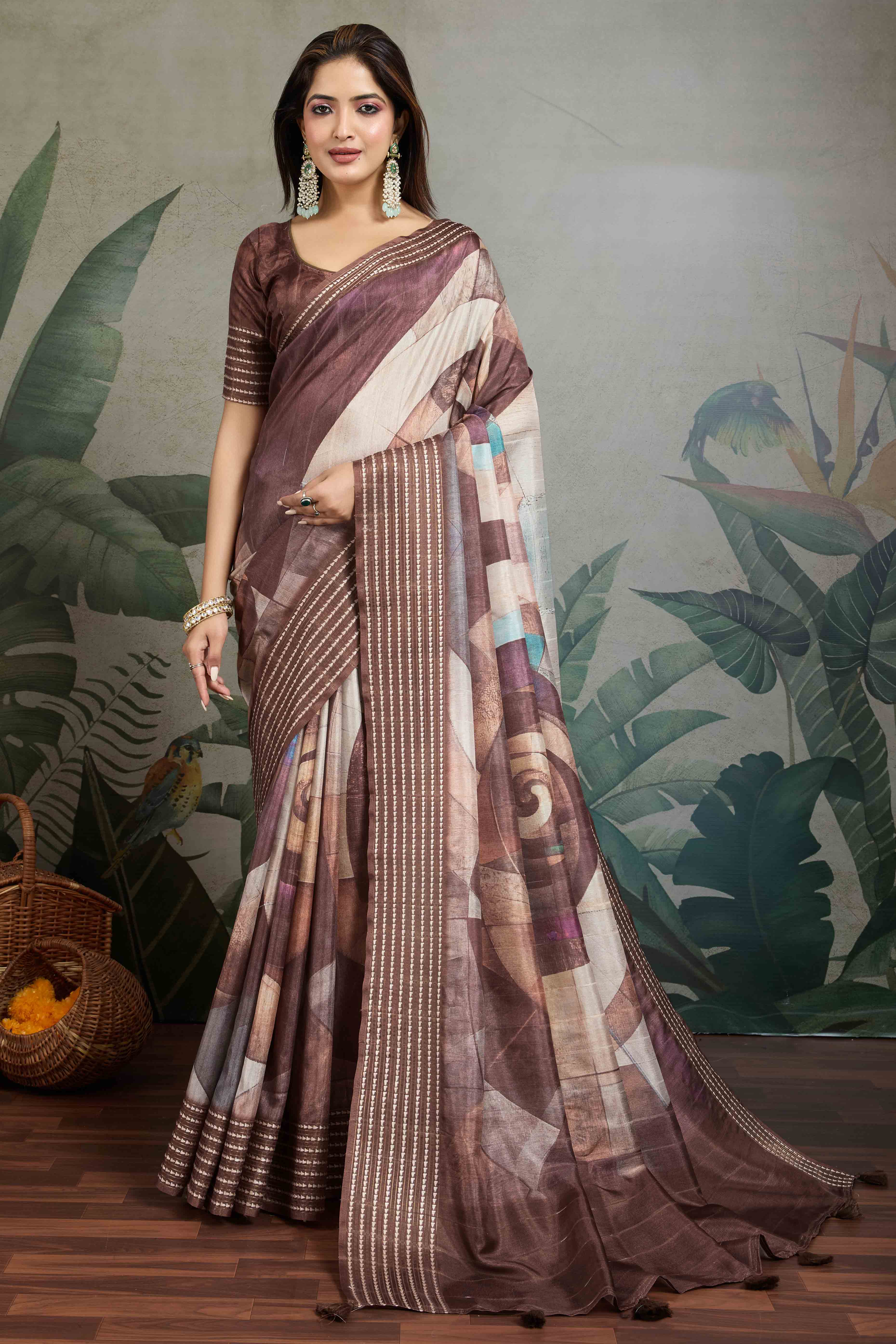 Brown Silk Blend Saree with Geometric Print