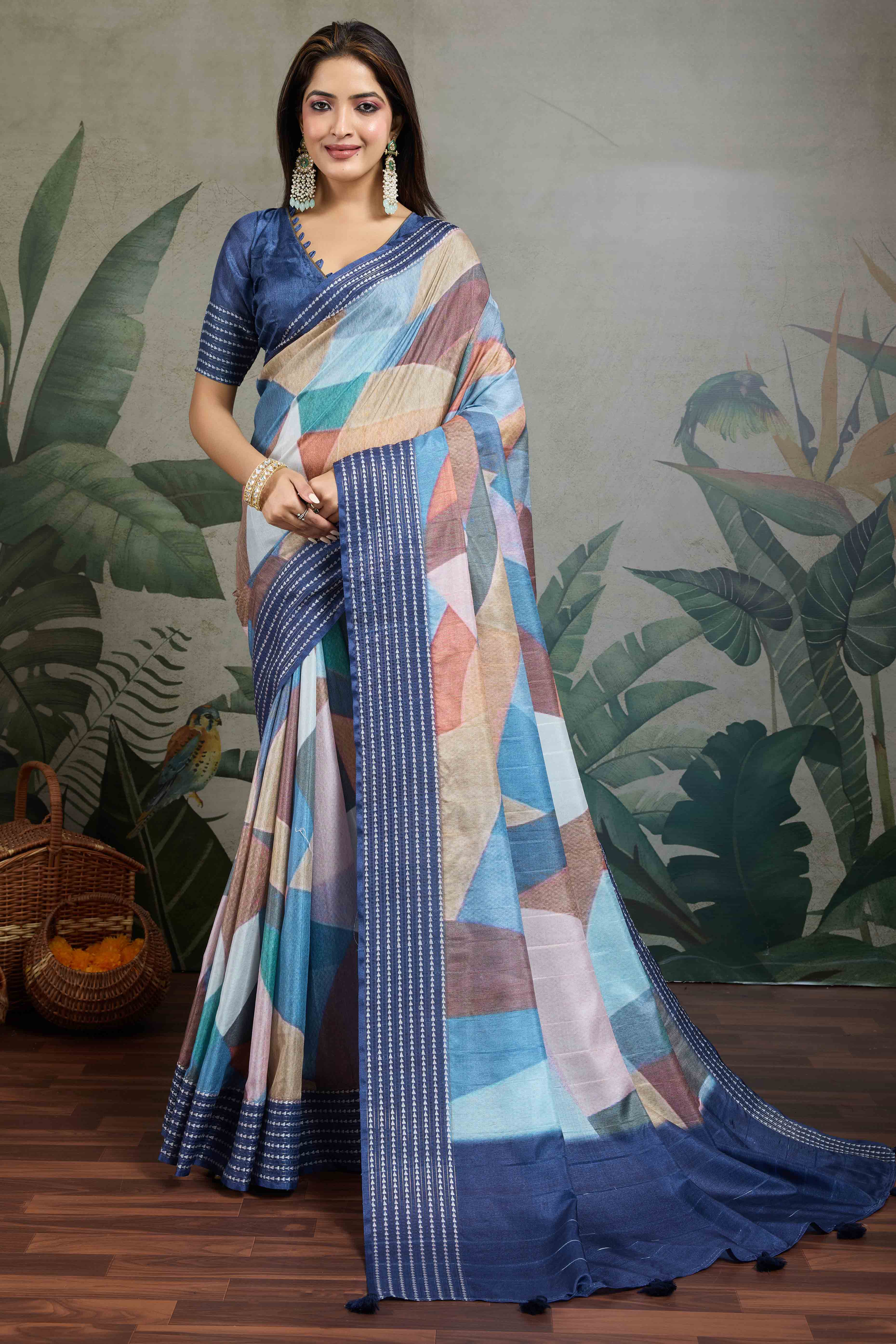 Blue Silk Blend Saree with Geometric Print