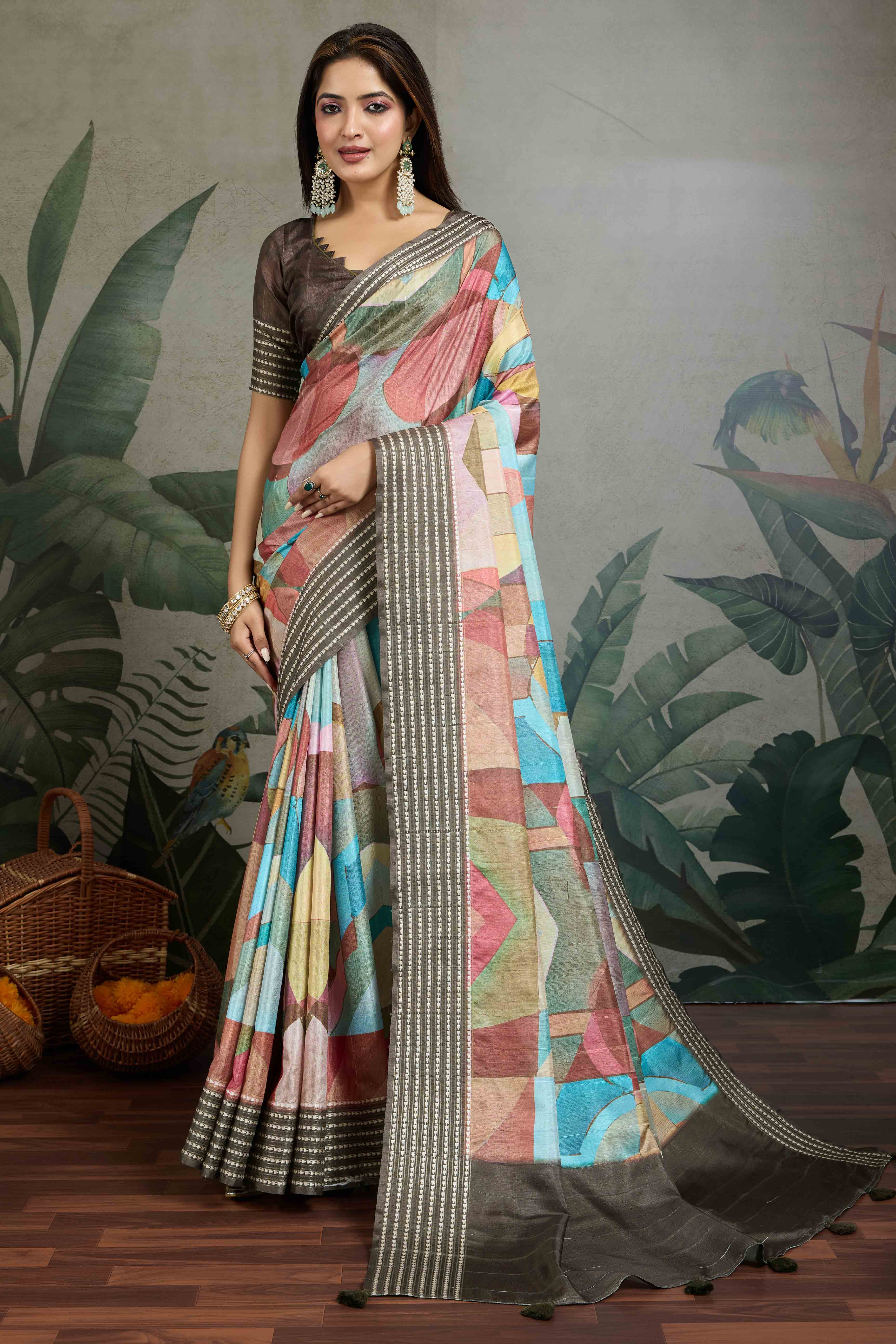 Brown Silk Blend Saree with Geometric Print