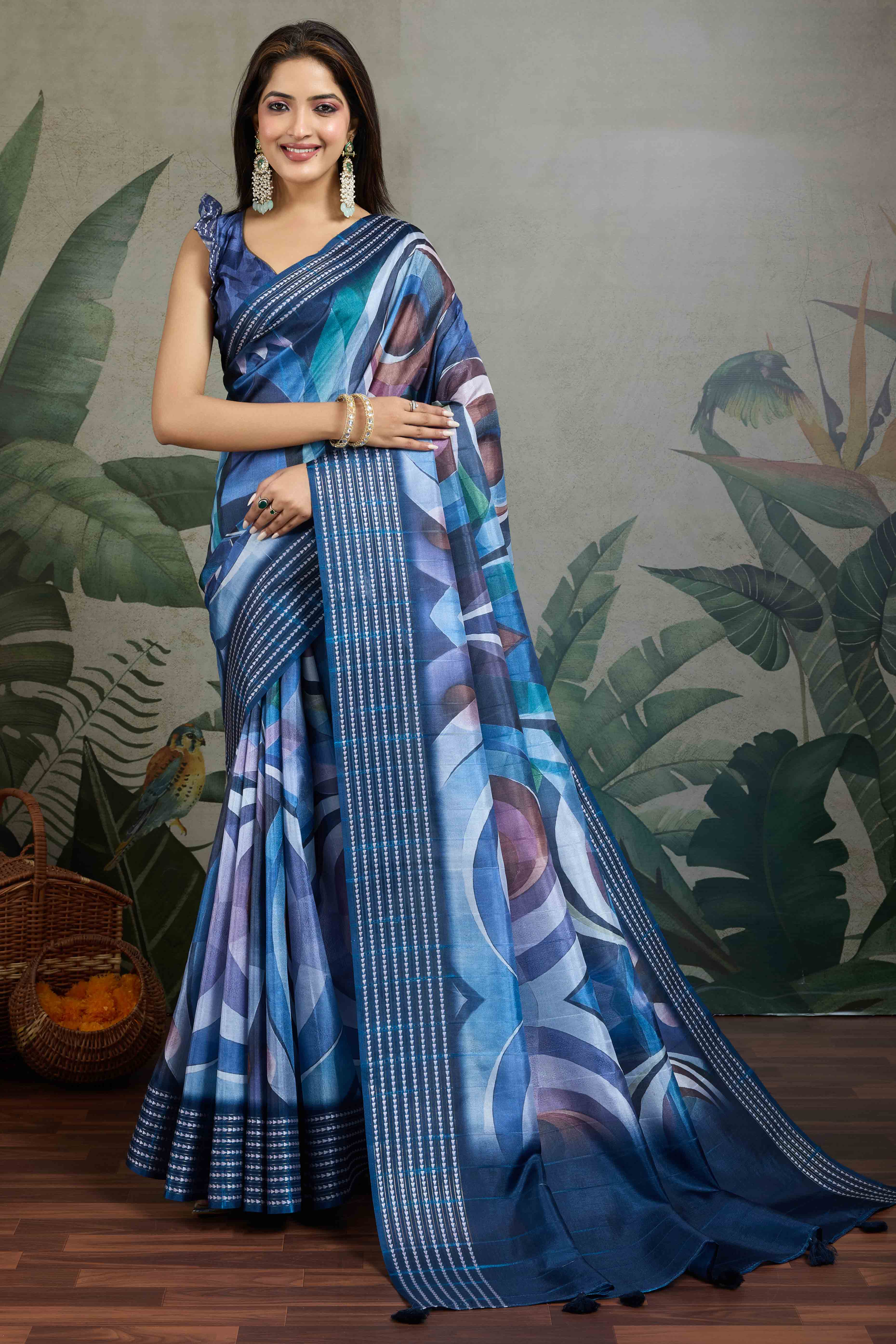 Blue Silk Blend Saree with Geometric Print