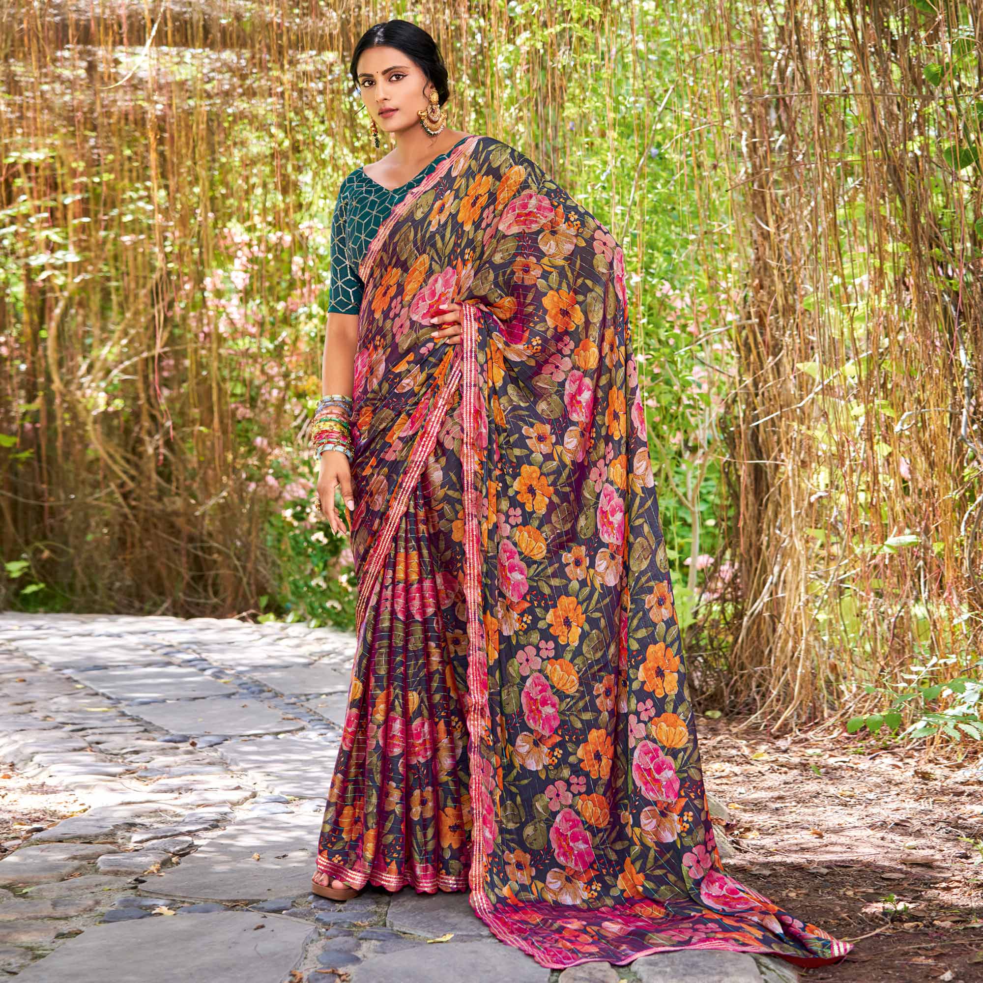 Dark Teal Floral Printed Chiffon Saree With Zari Work