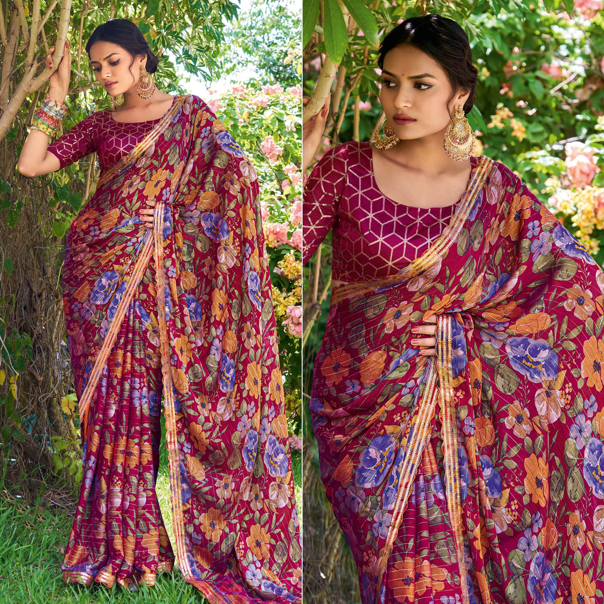 Magenta Floral Printed Chiffon Saree With Zari Work