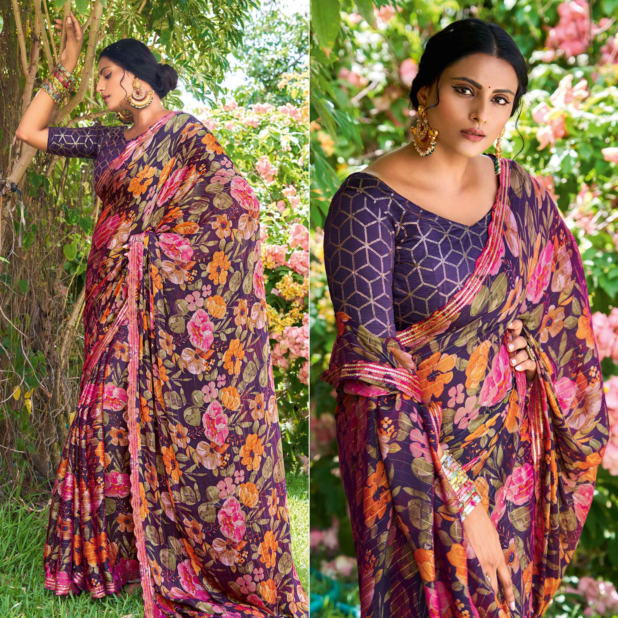 Wine Floral Printed Chiffon Saree With Zari Work