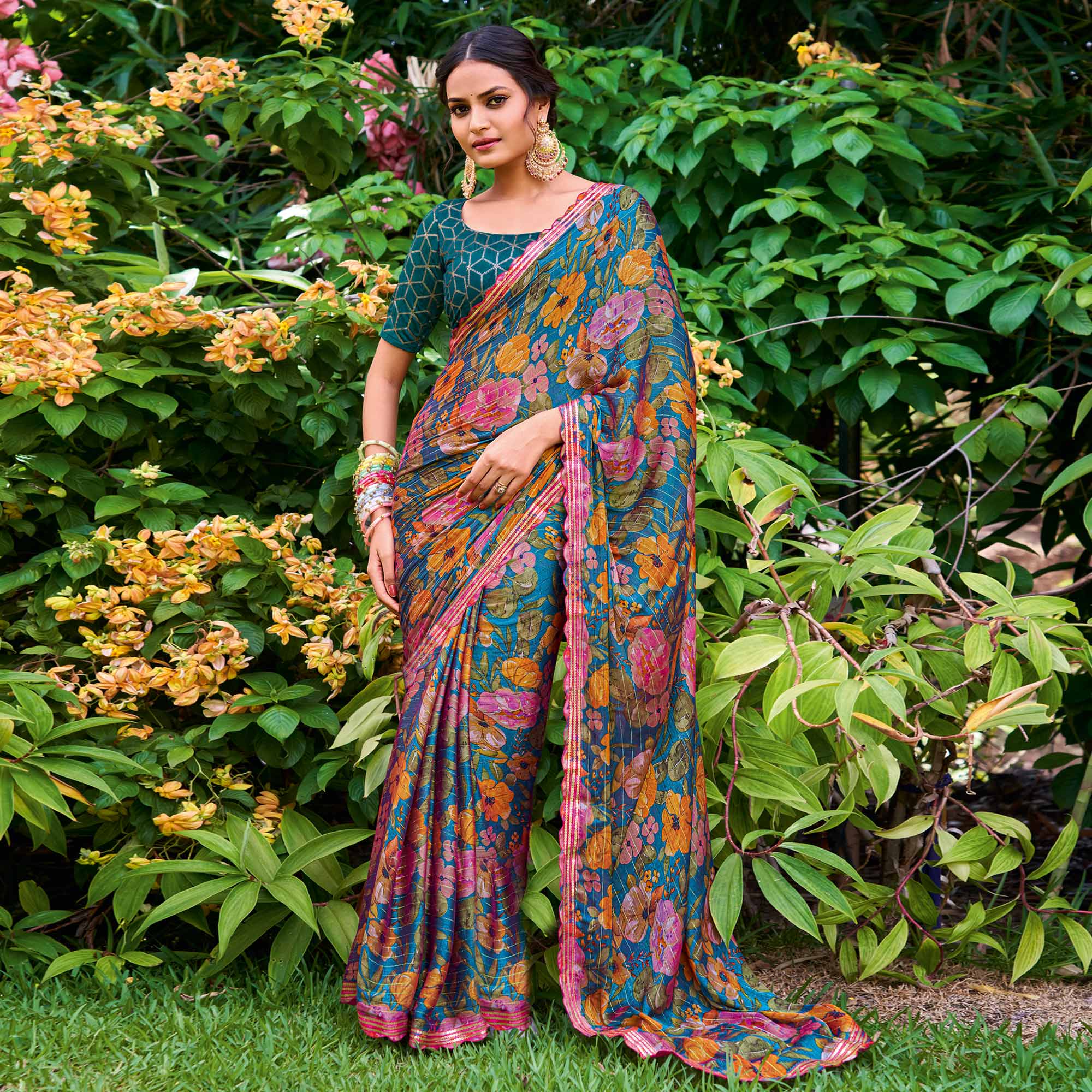 Teal Floral Printed Chiffon Saree With Zari Work