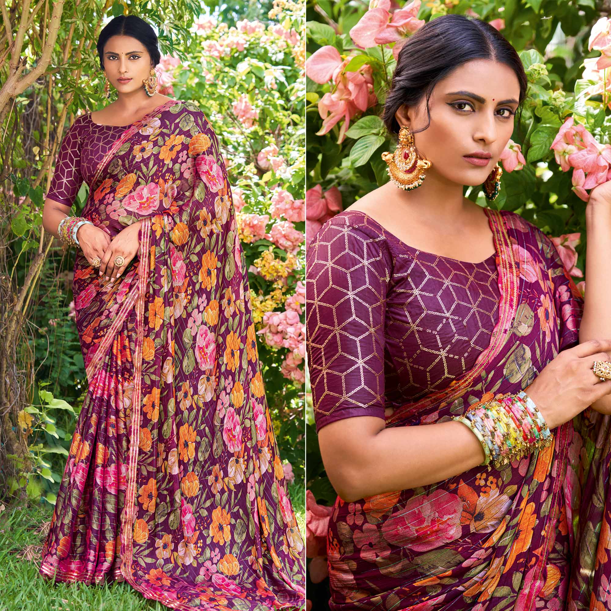 Purple Floral Printed Chiffon Saree With Zari Work