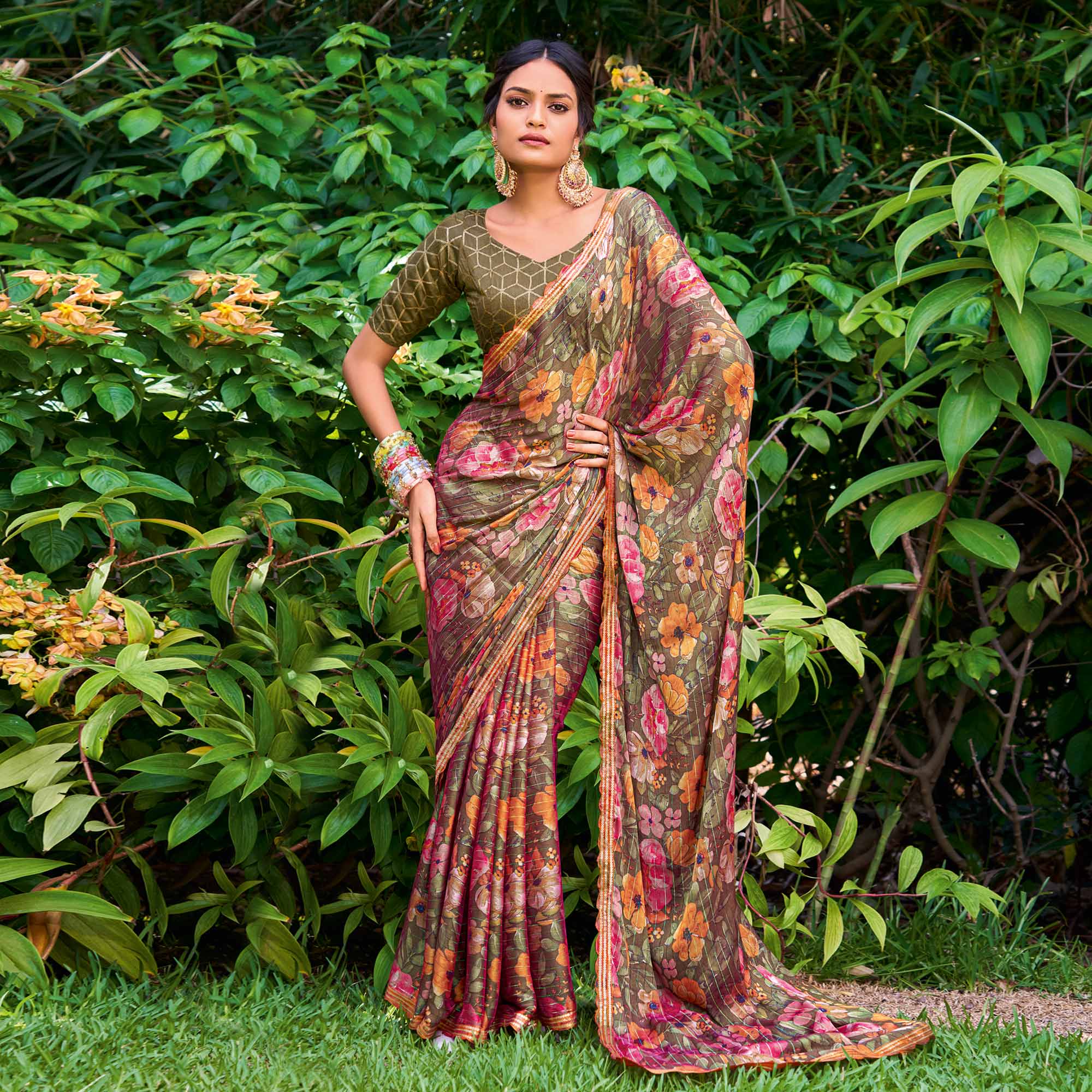 Brown Floral Printed Chiffon Saree With Zari Work