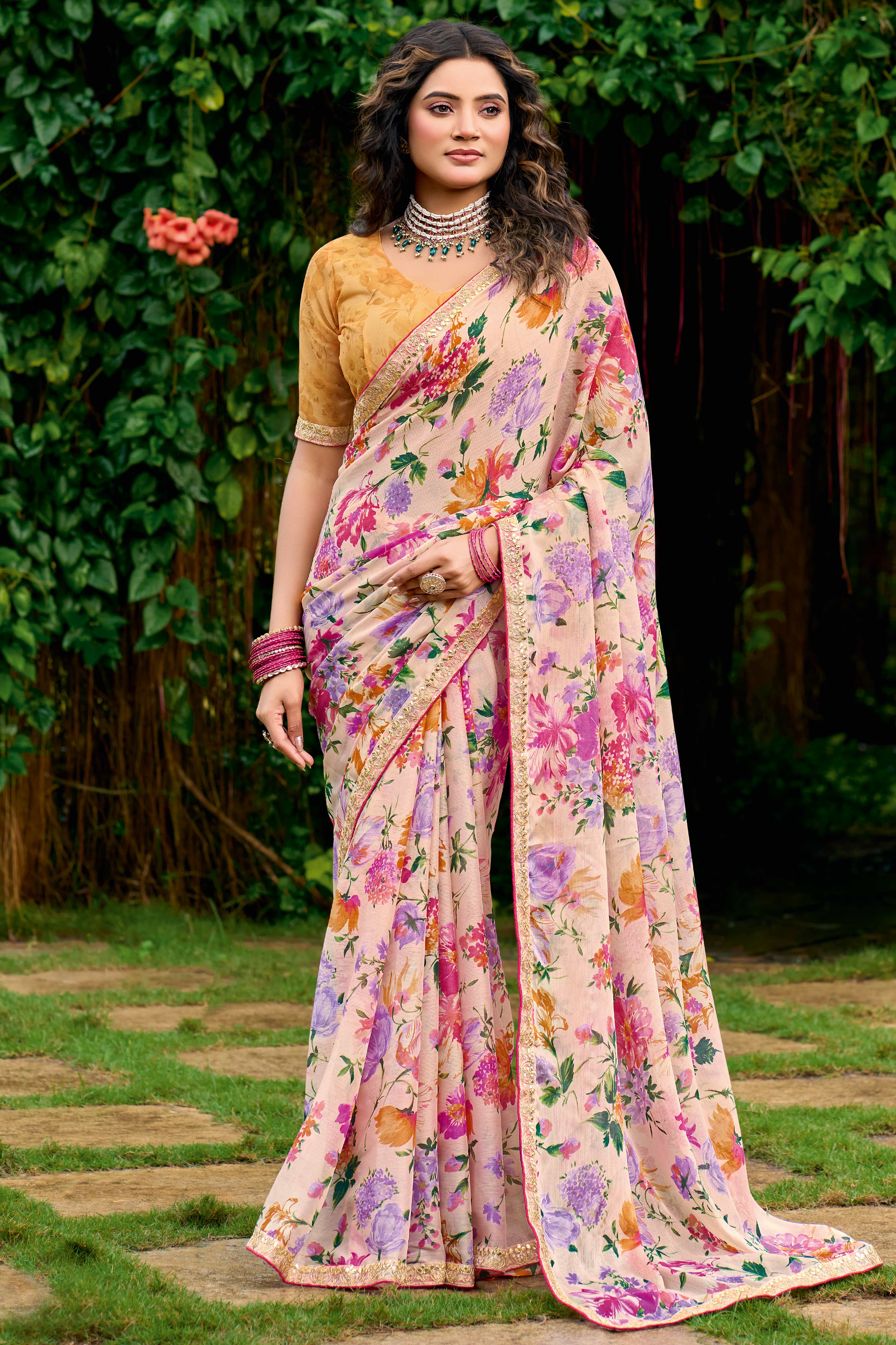 Beige Floral Chiffon Saree Enhanced with Fine Embroidery on the Border
