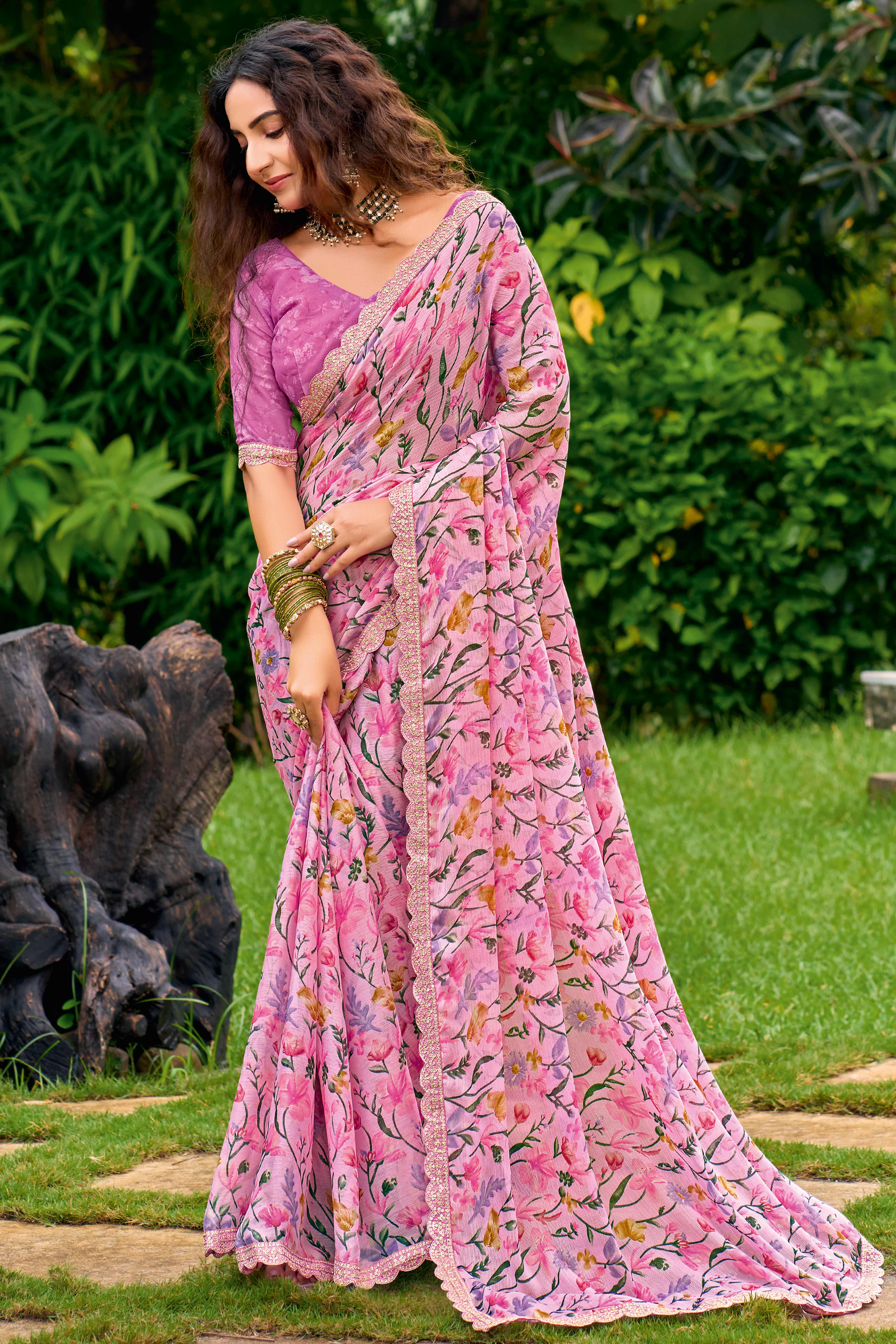 Pink Floral Chiffon Saree Enhanced with Fine Embroidery on the Border