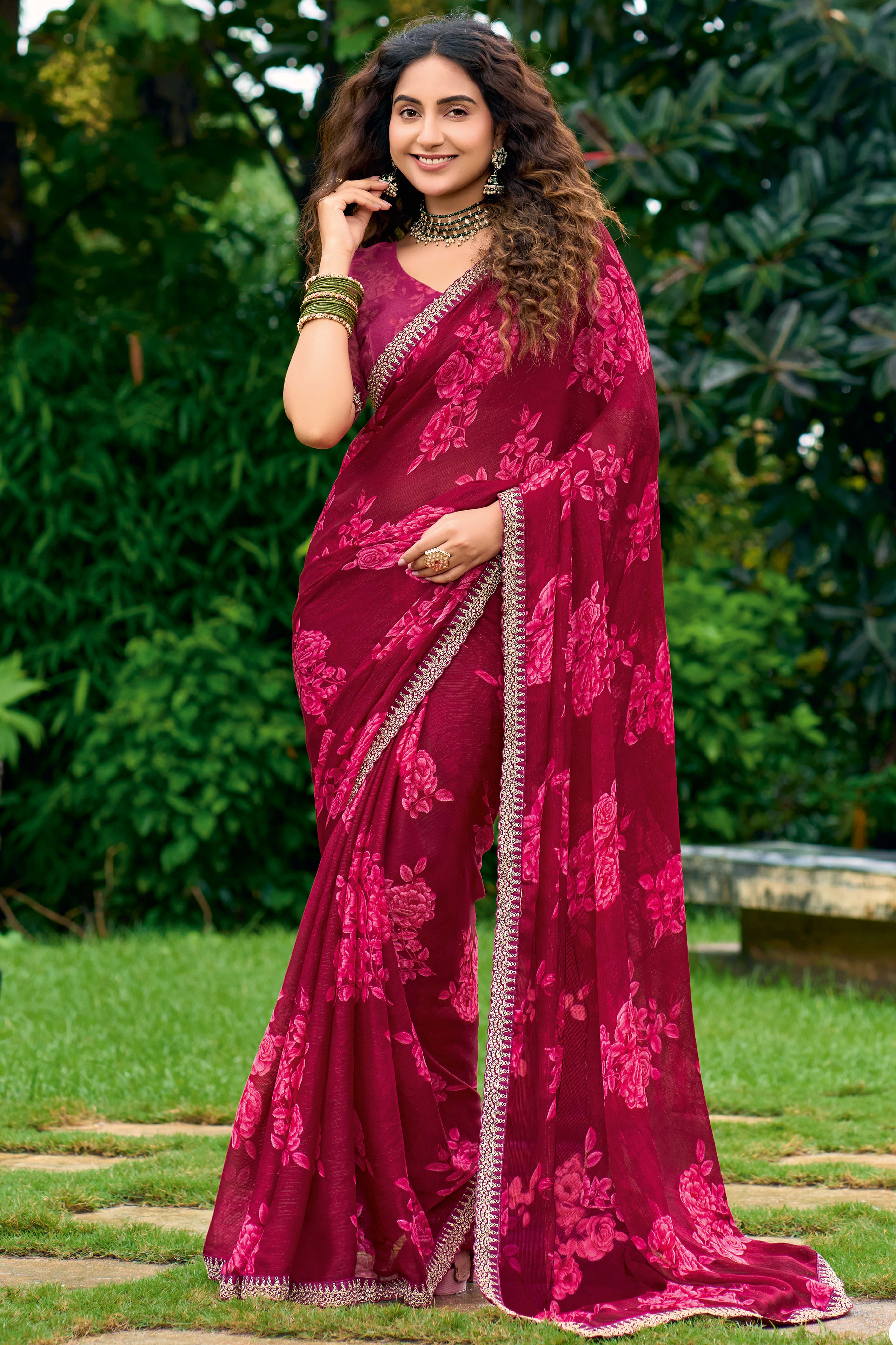 Maroon Floral Chiffon Saree Enhanced with Fine Embroidery on the Border