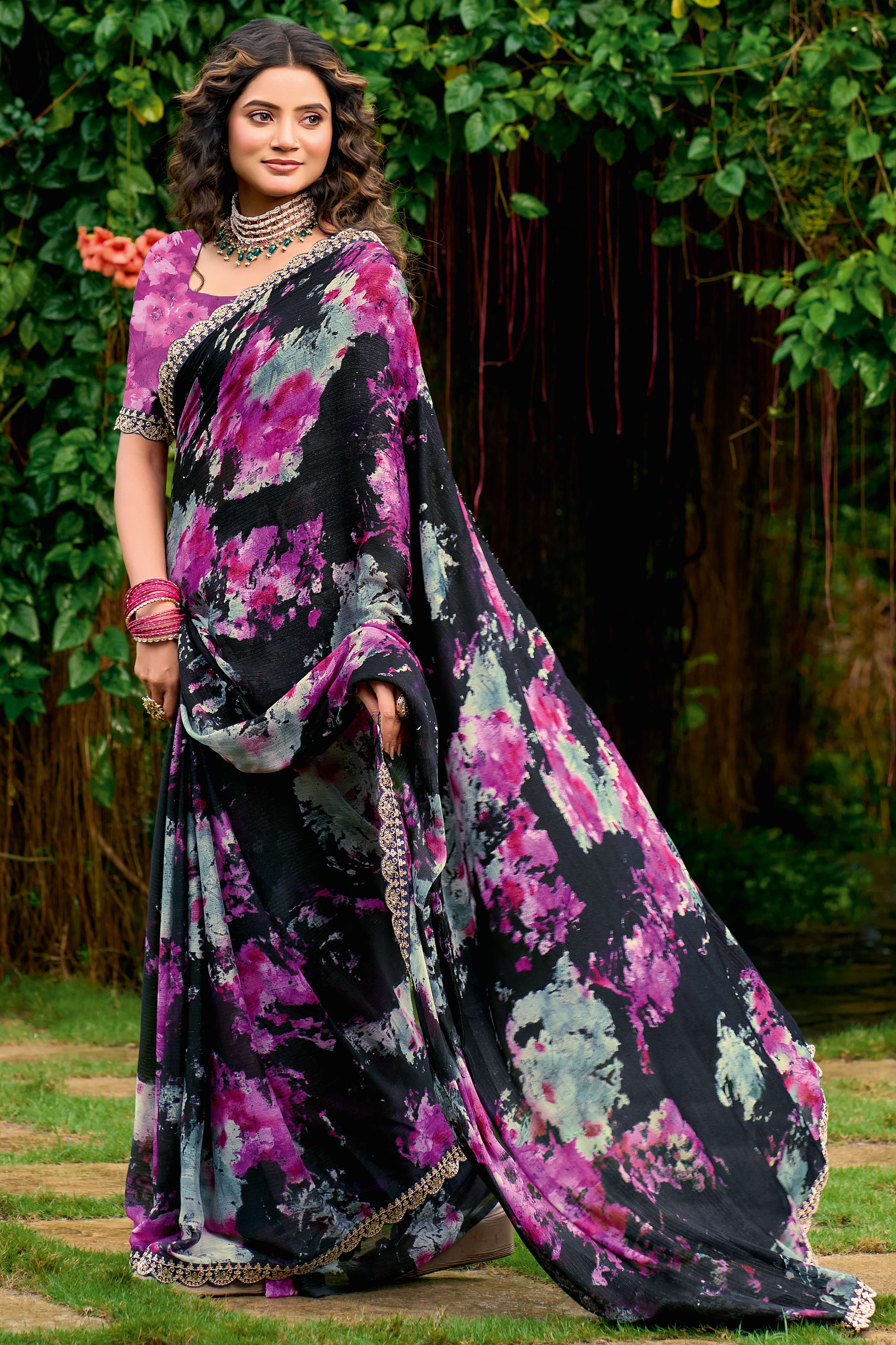 Black Floral Chiffon Saree Enhanced with Fine Embroidery on the Border