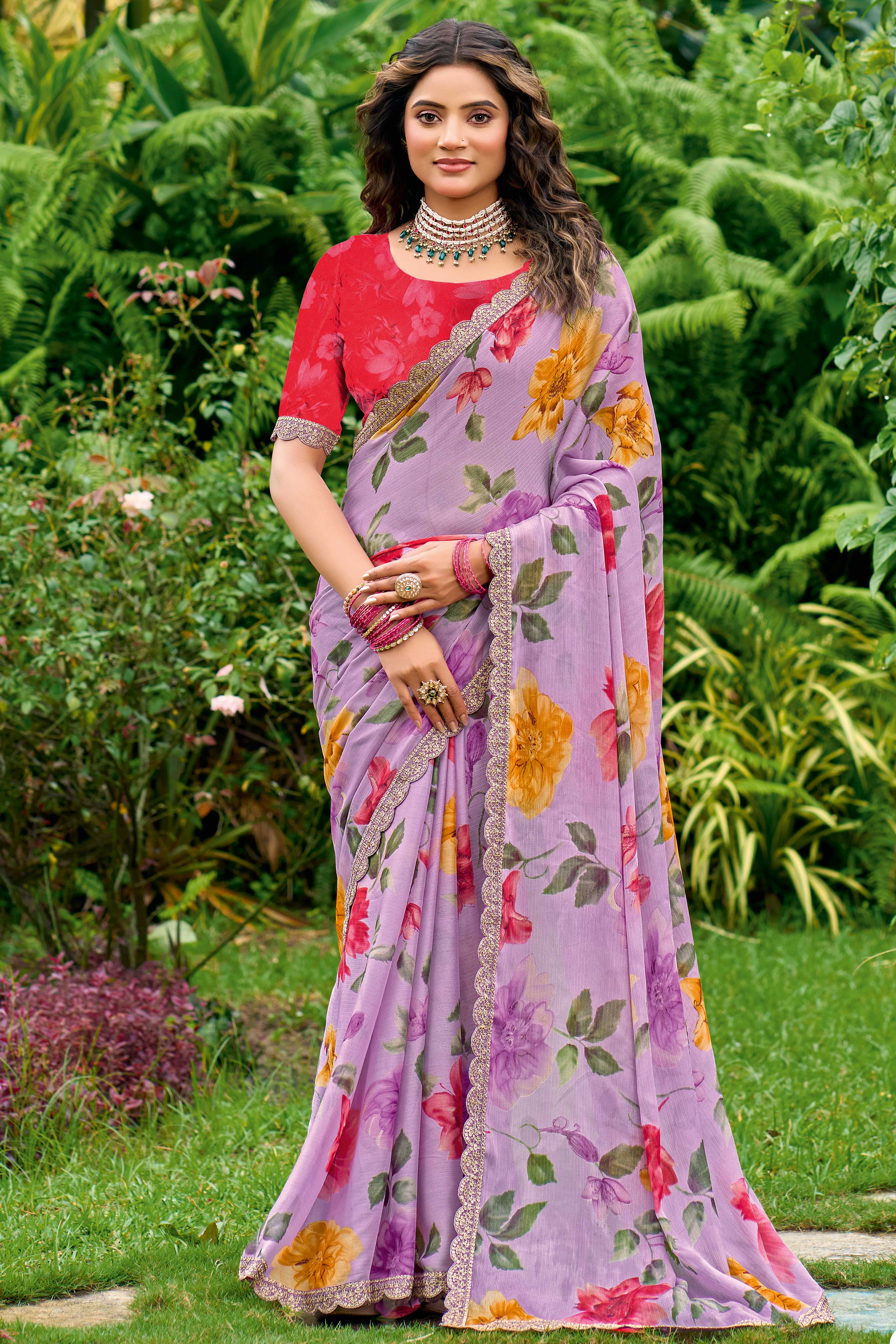 Purple Floral Chiffon Saree Enhanced with Fine Embroidery on the Border