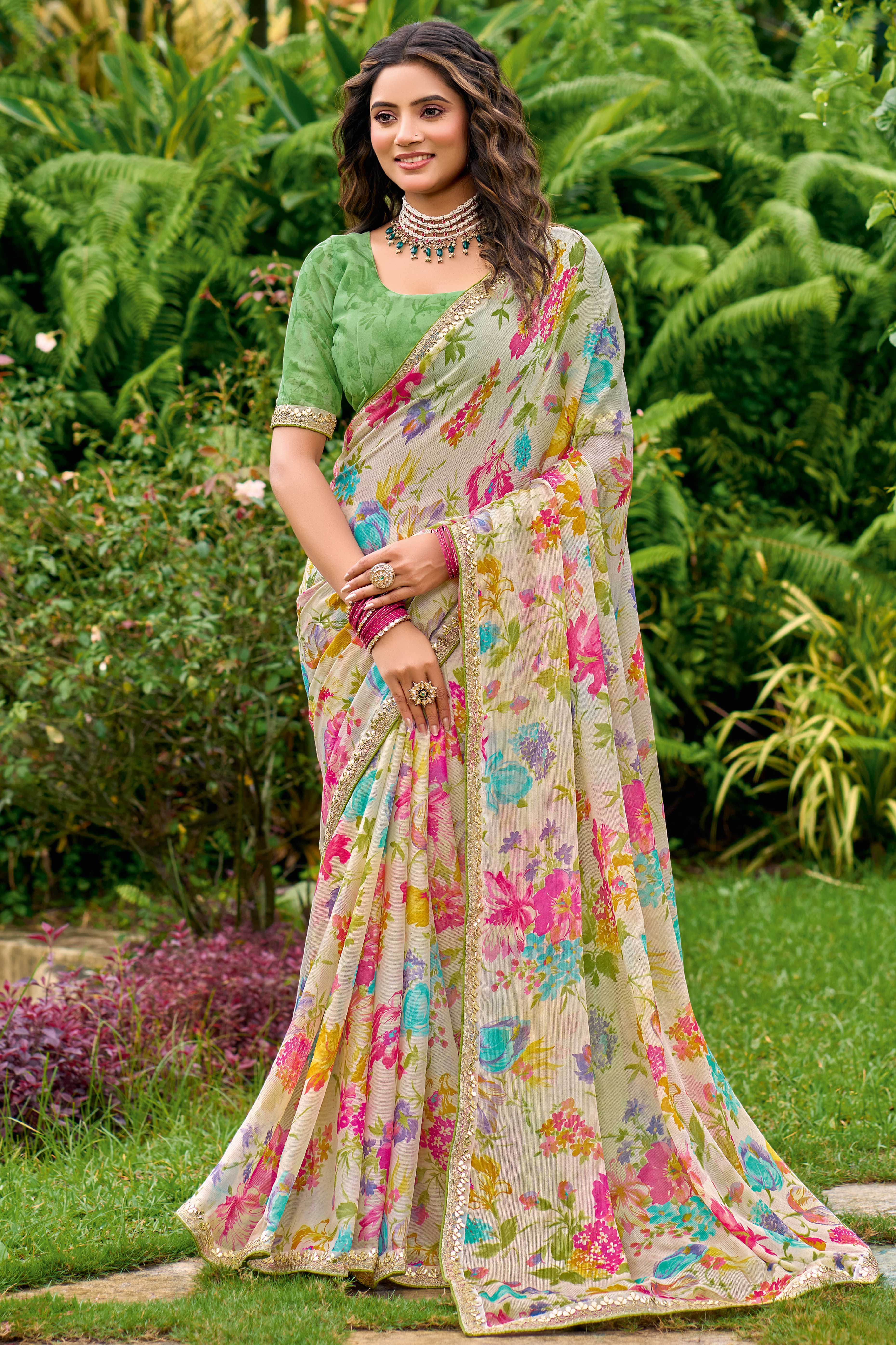 Beige Floral Chiffon Saree Enhanced with Embroidery on the Border