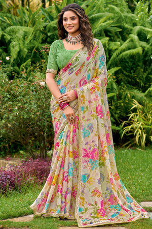 Beige Floral Chiffon Saree Enhanced with Embroidery on the Border