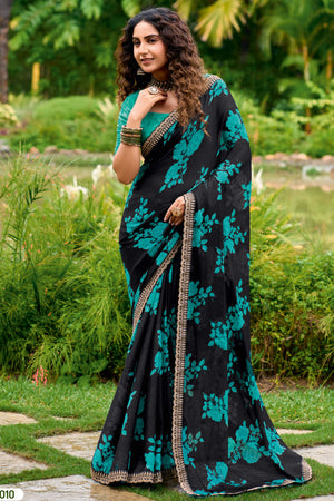 Black Floral Chiffon Saree Enhanced Fine Embroidery on the Border