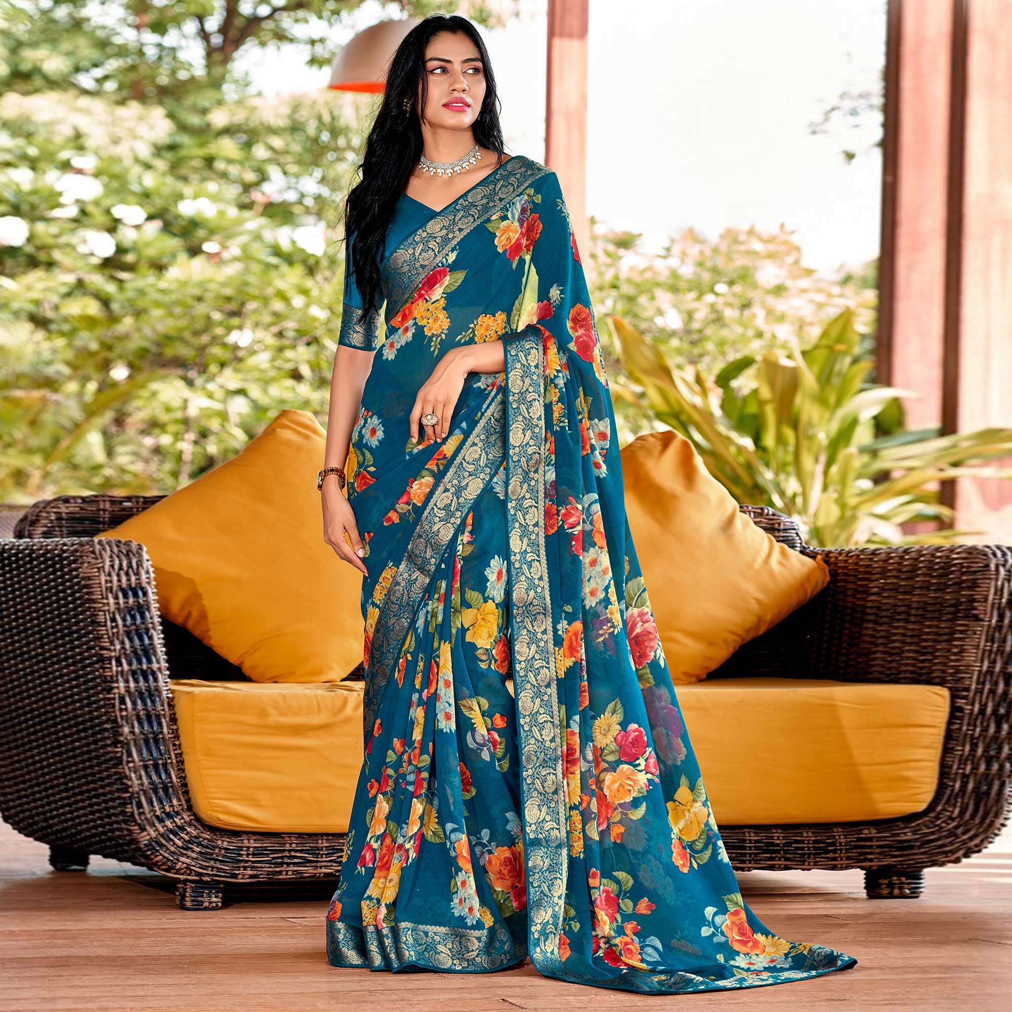 Teal Floral Printed Georgette Saree With Border & Jacquard Blouse