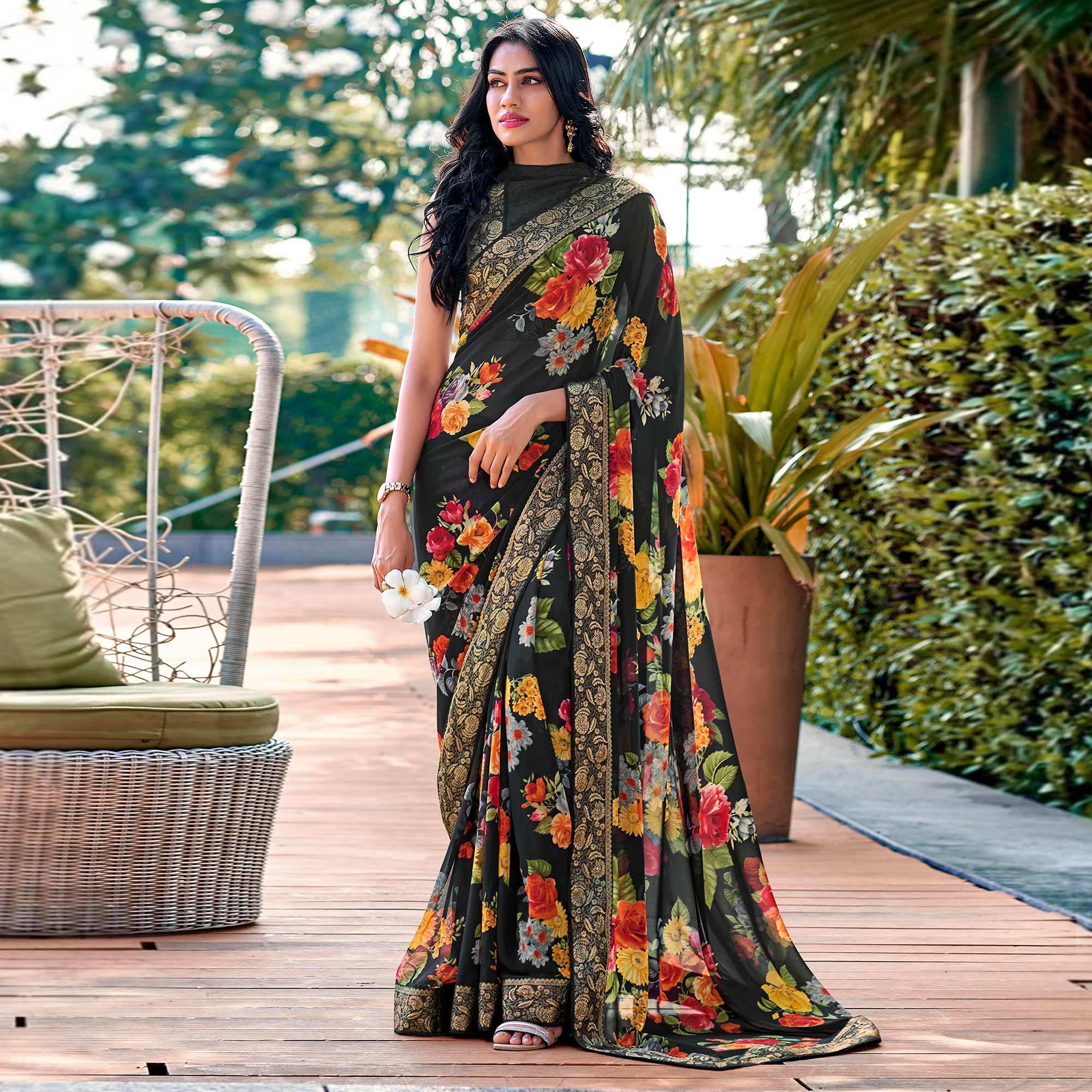 Black Floral Printed Georgette Saree With Border & Jacquard Blouse