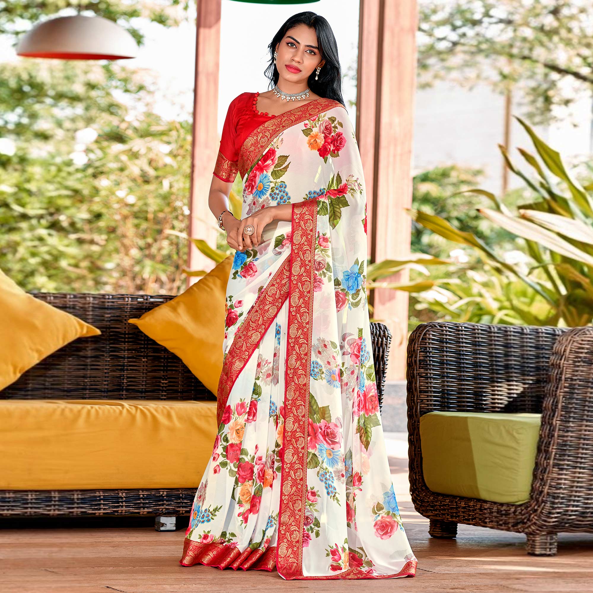 White Floral Printed Georgette Saree With Border & Jacquard Blouse