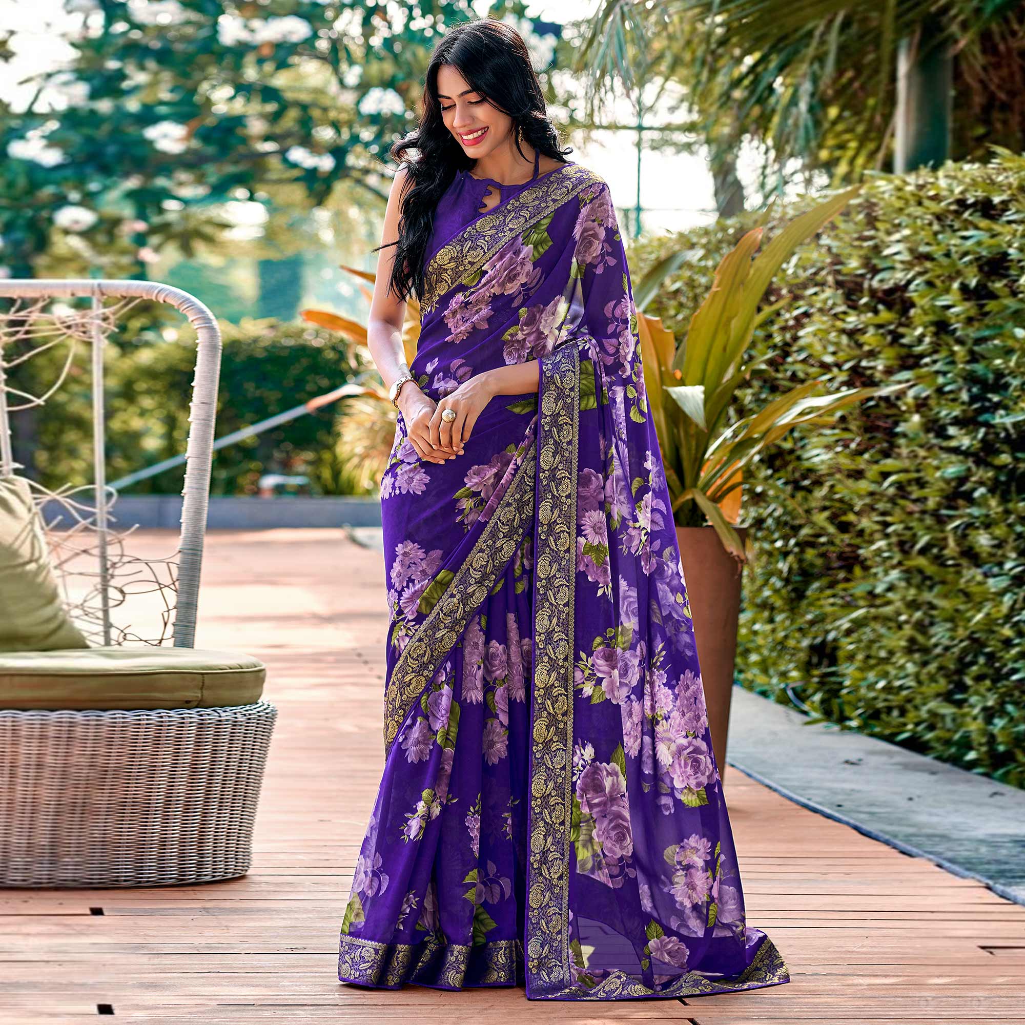 Violet Floral Printed Georgette Saree With Border & Jacquard Blouse
