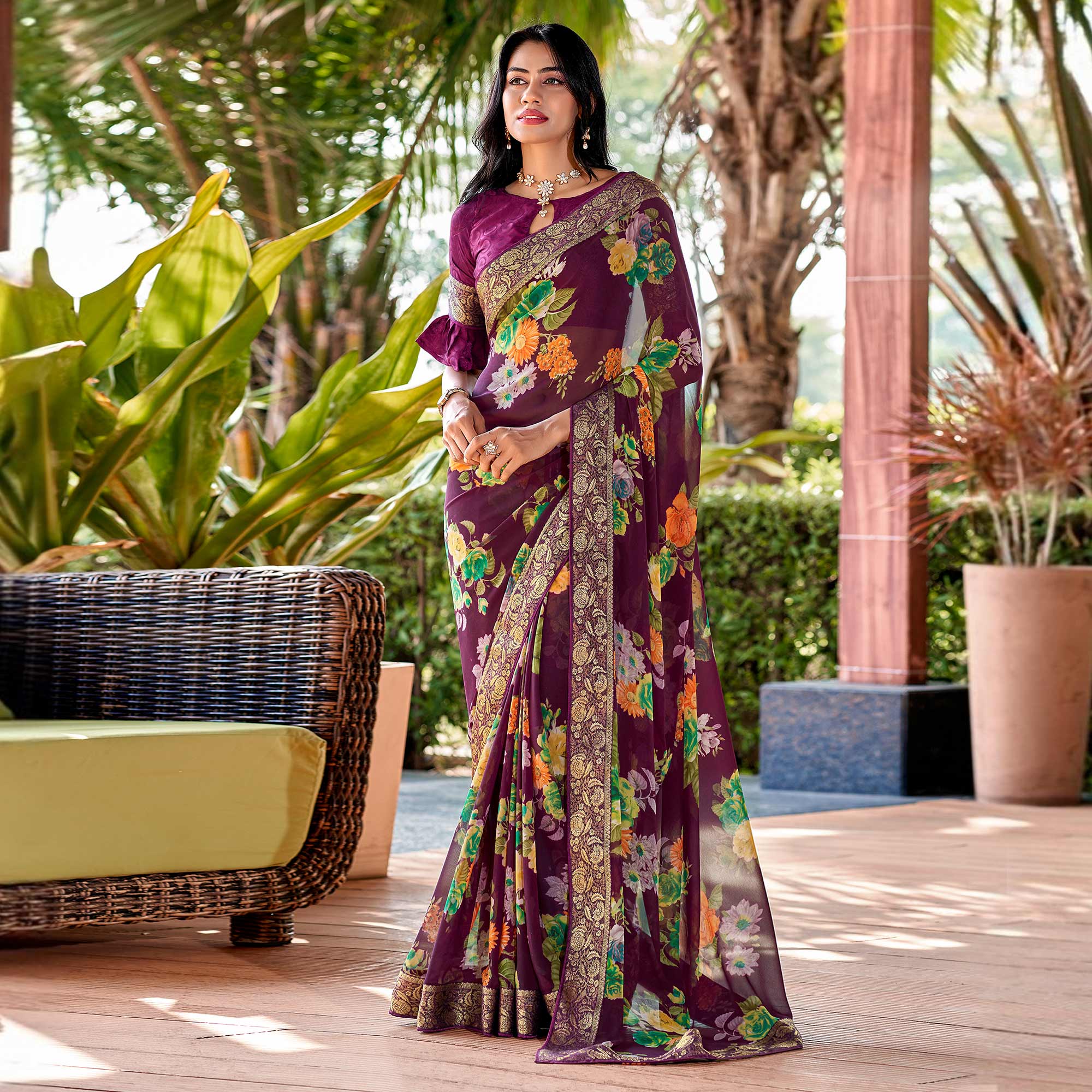Wine Floral Printed Georgette Saree With Border & Jacquard Blouse