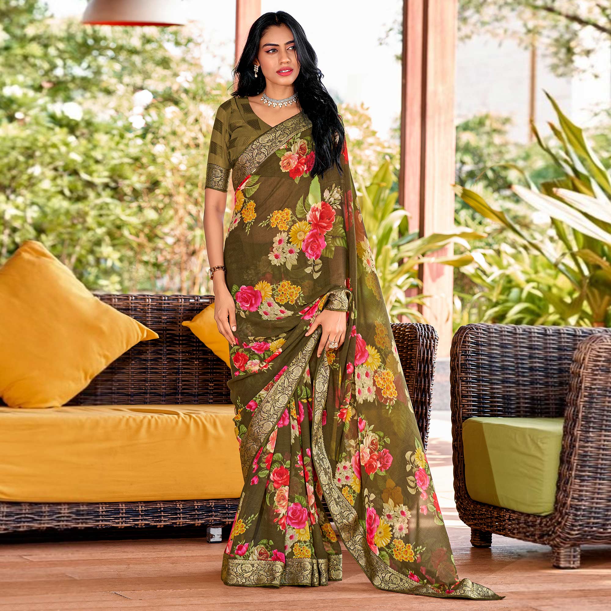 Olive Floral Printed Georgette Saree With Border & Jacquard Blouse