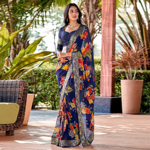 Blue Floral Printed Georgette Saree With Border & Jacquard Blouse