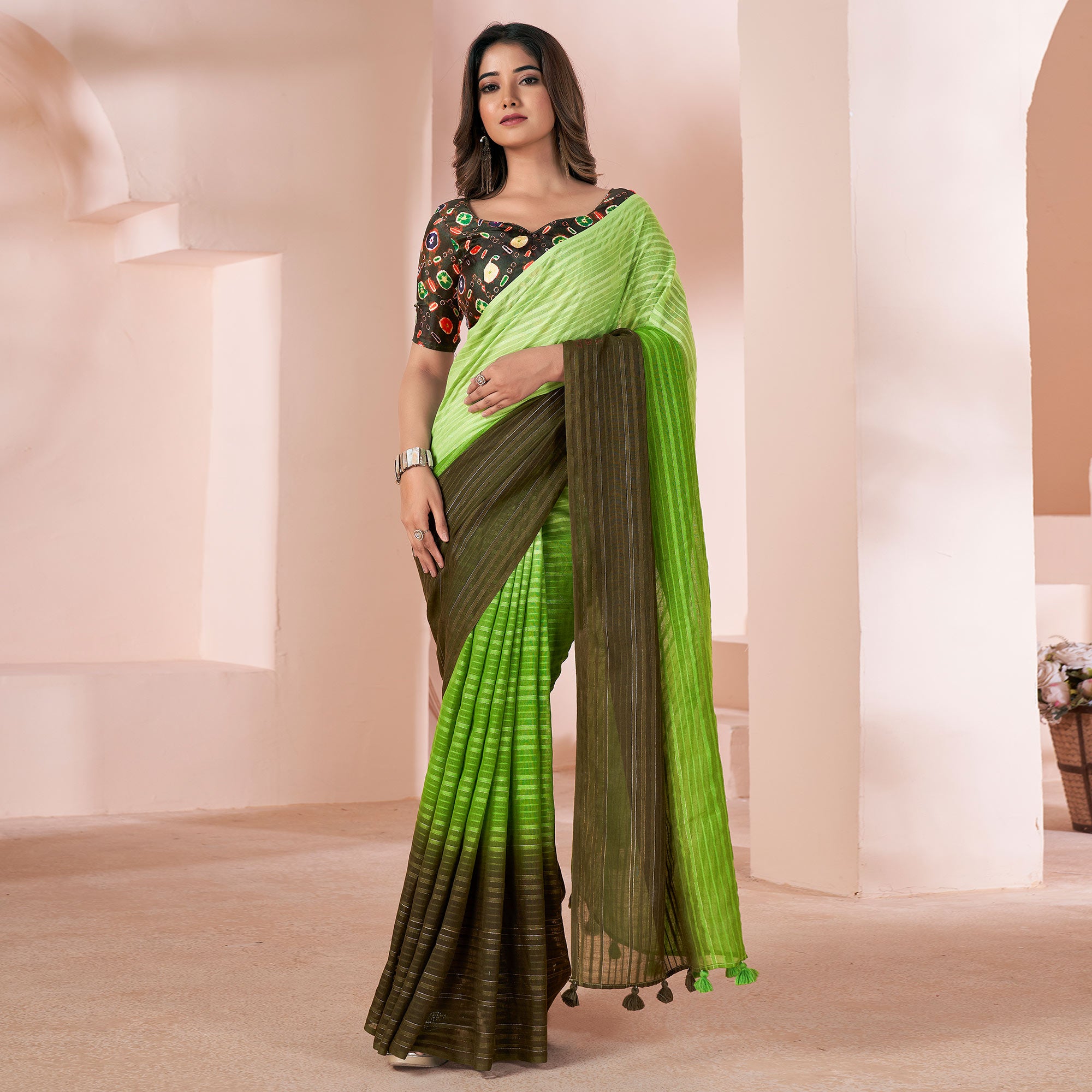 Green Woven Linen Saree With Tassels