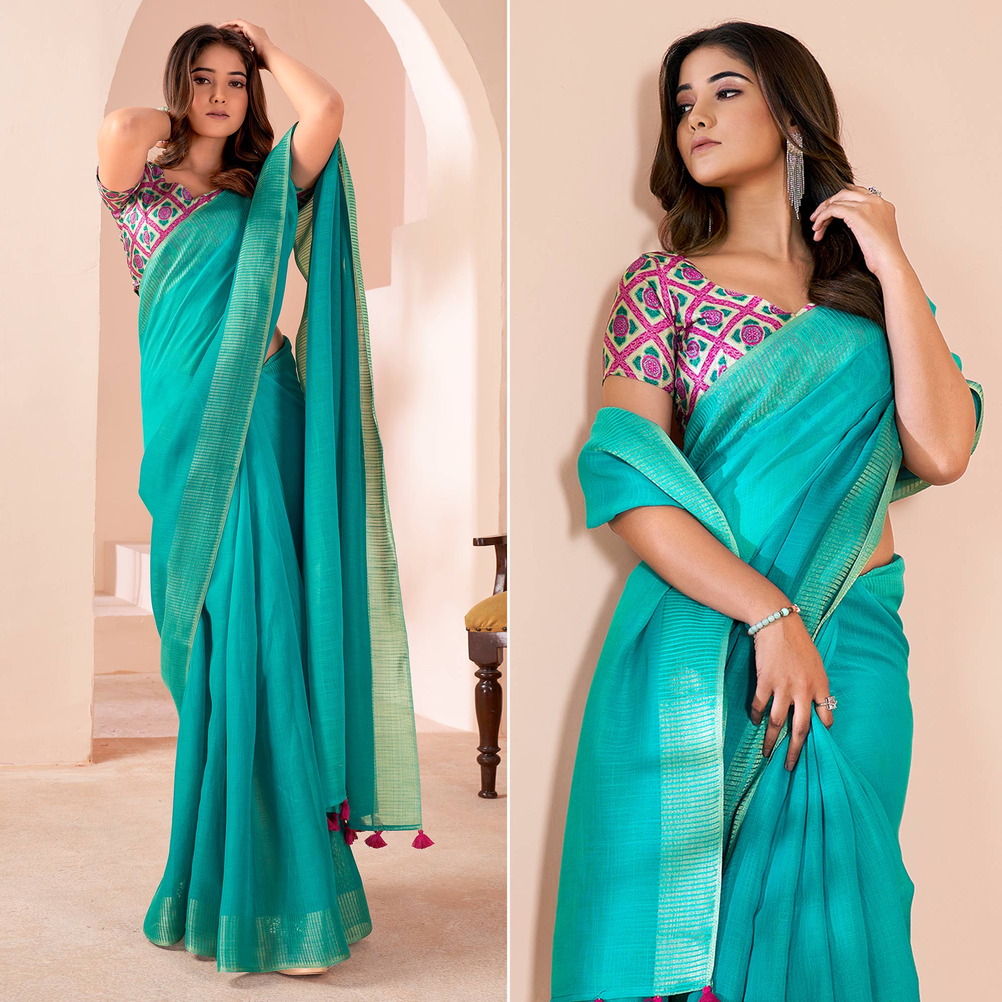 Turquoise Woven Linen Saree With Tassels