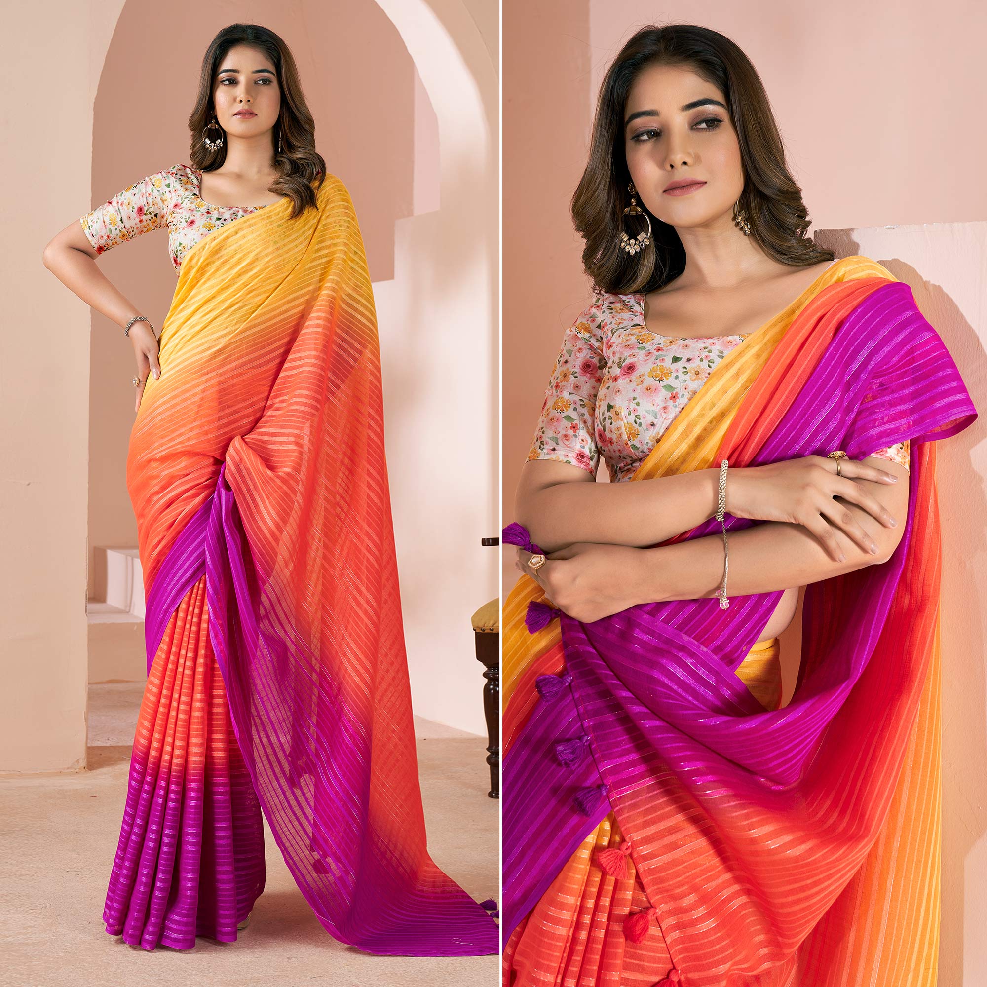 Multicolor Woven Linen Saree With Tassels