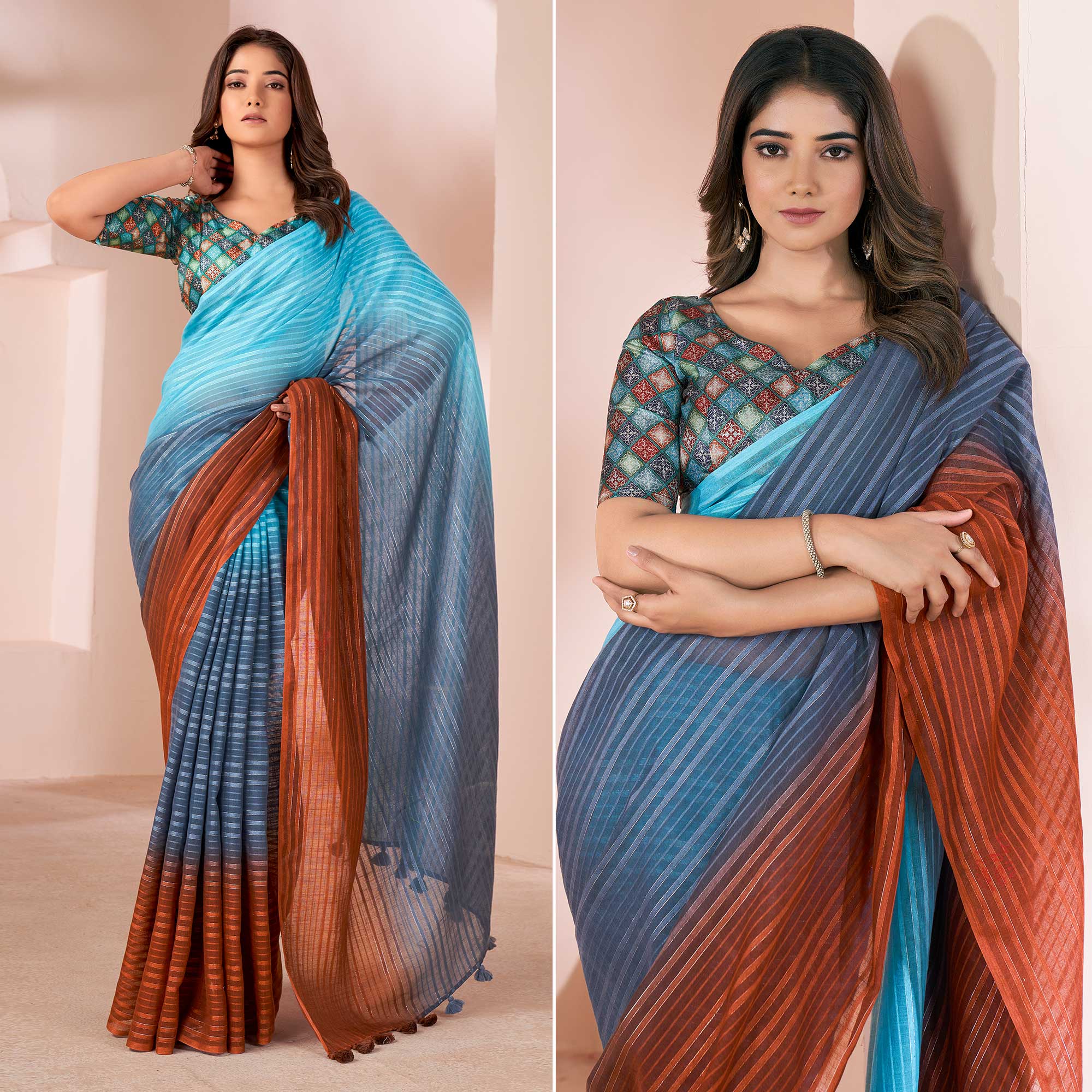 Multicolor Woven Linen Saree With Tassels