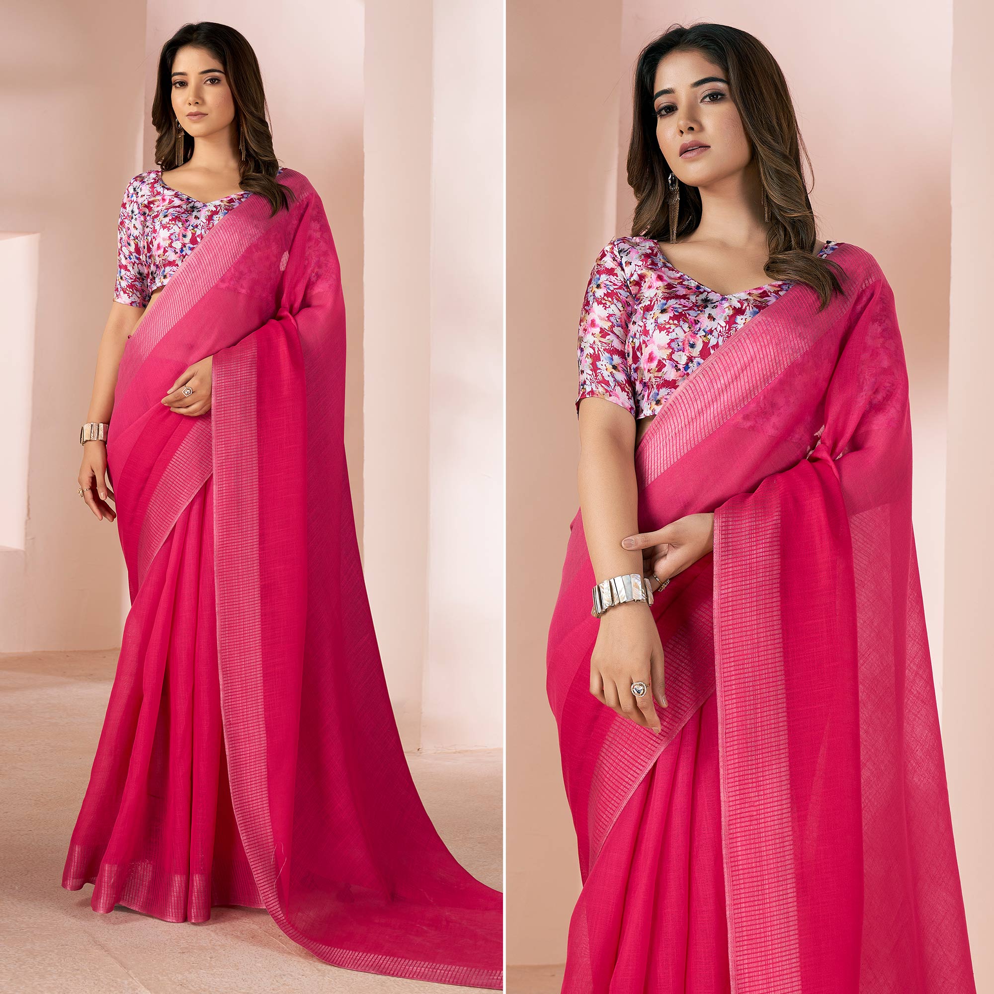 Pink Woven Linen Saree With Tassels