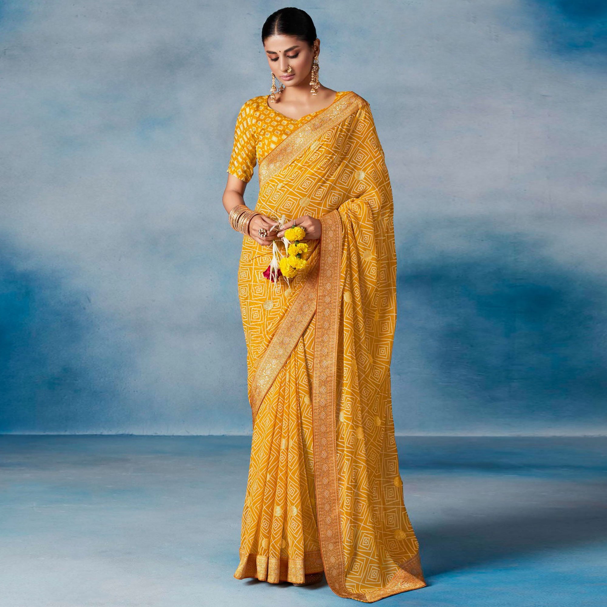 Mustard Geometric Printed With Woven Border Georgette Saree