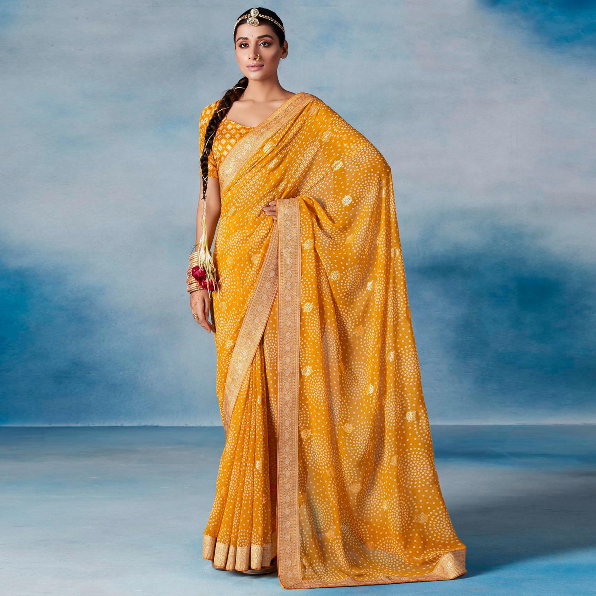 Mustard Bandhani Printed With Woven Border Georgette Saree