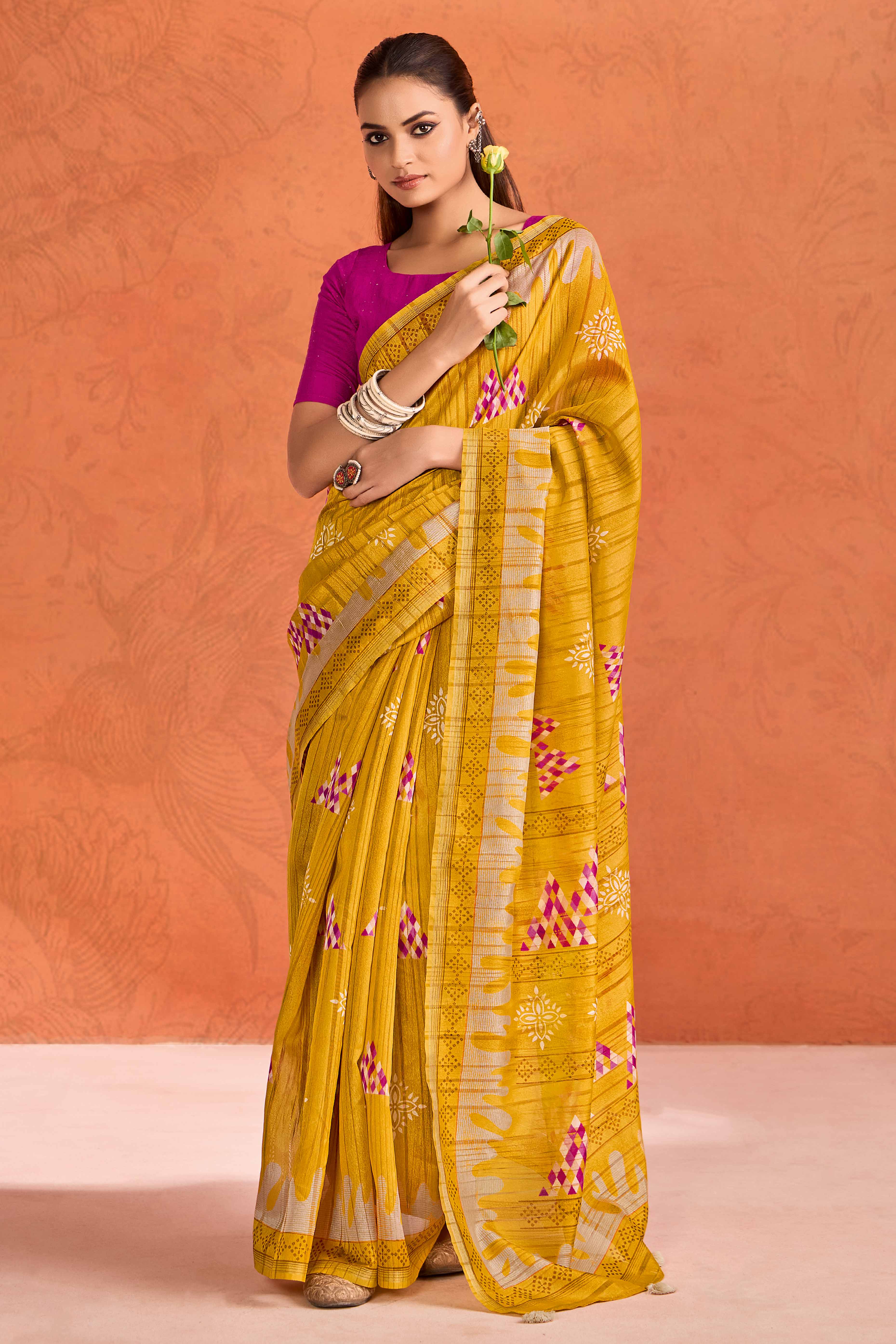 Mustard Silk Blend Saree with Bold Abstract Print