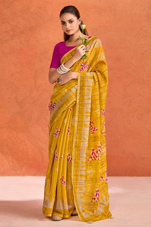 Mustard Silk Blend Saree with Bold Abstract Print