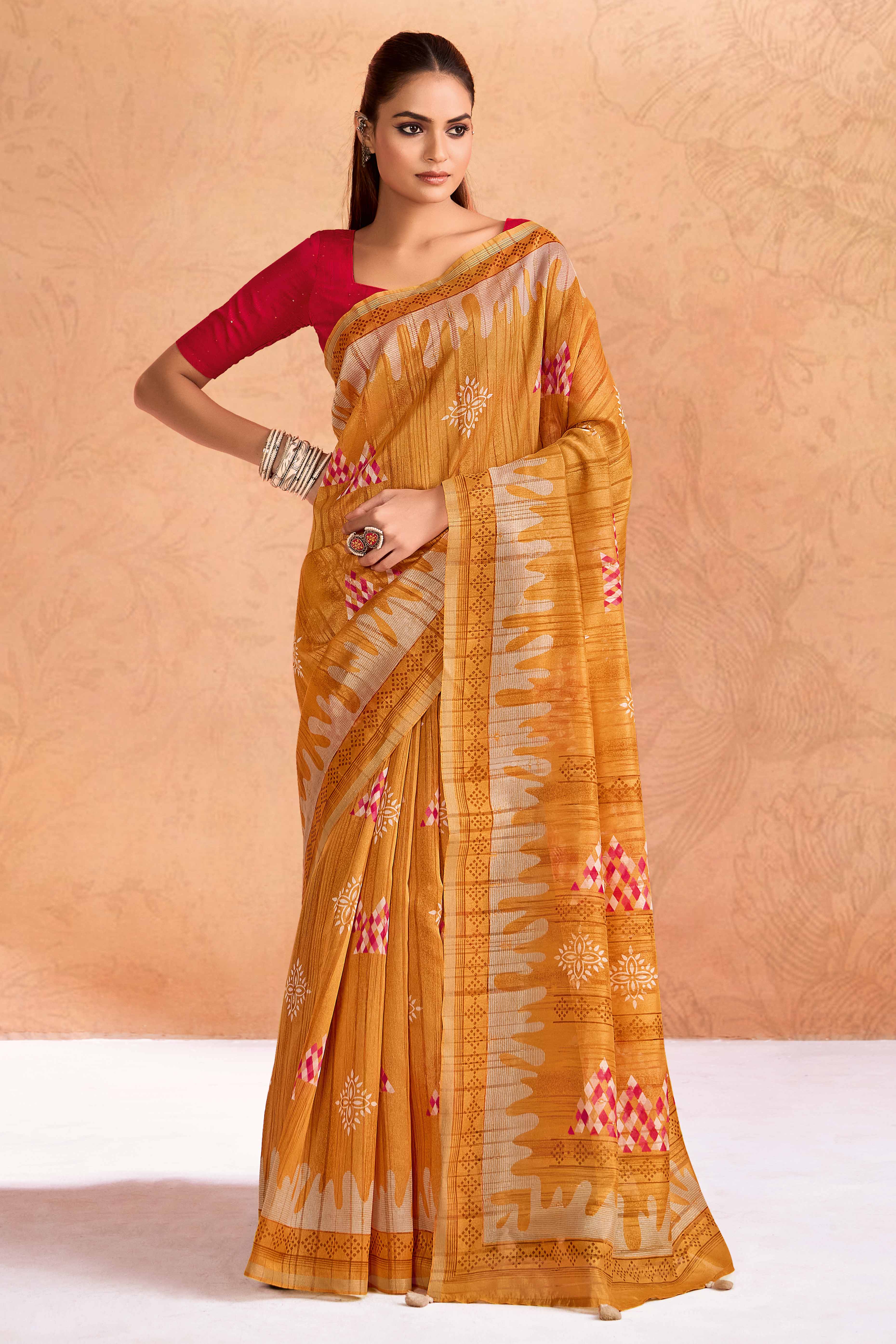 Light Brown Silk Blend Saree with Bold Abstract Print