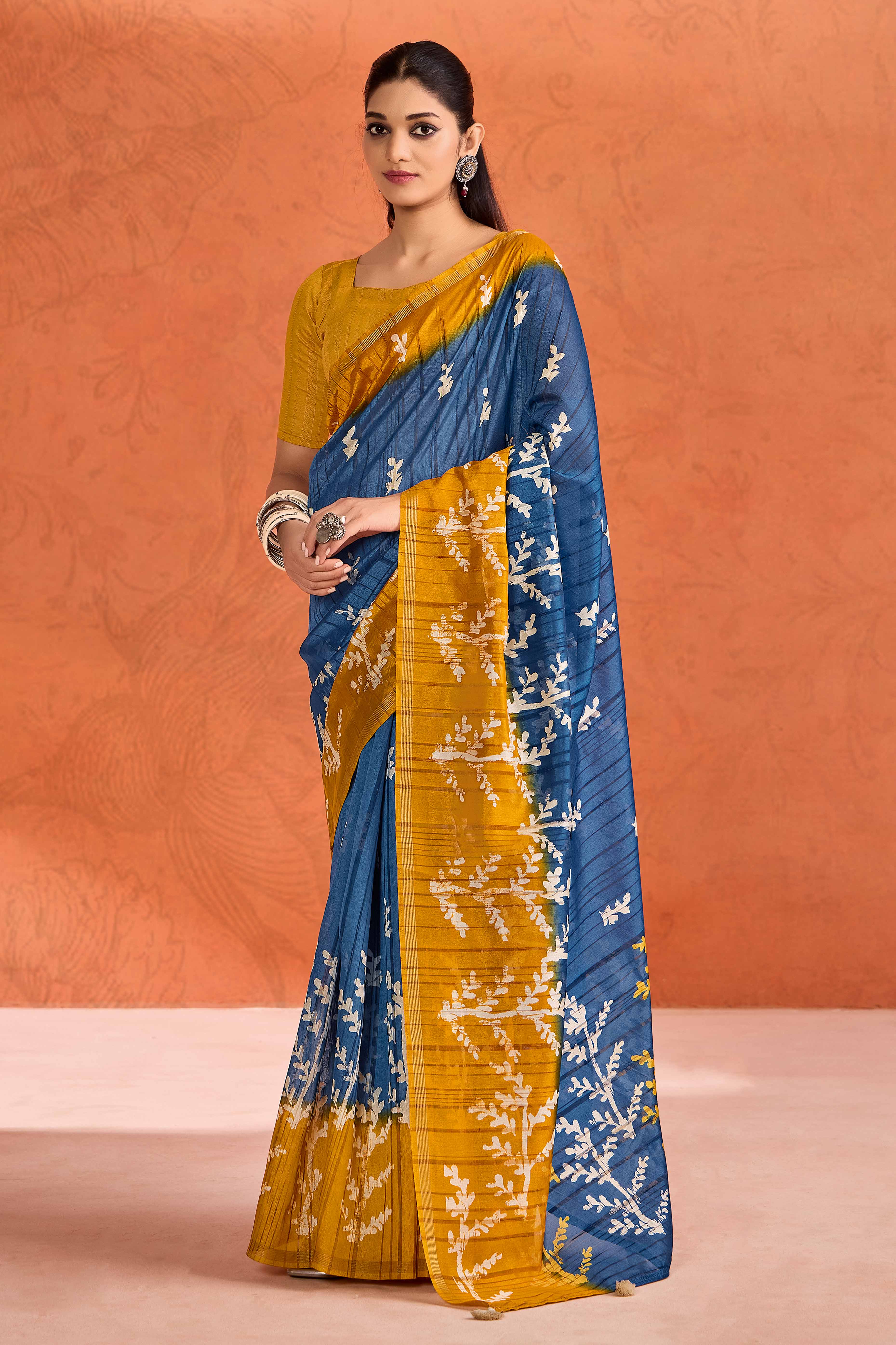 Blue Silk Blend Saree with Bold Abstract Print