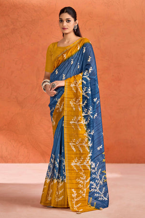 Blue Silk Blend Saree with Bold Abstract Print